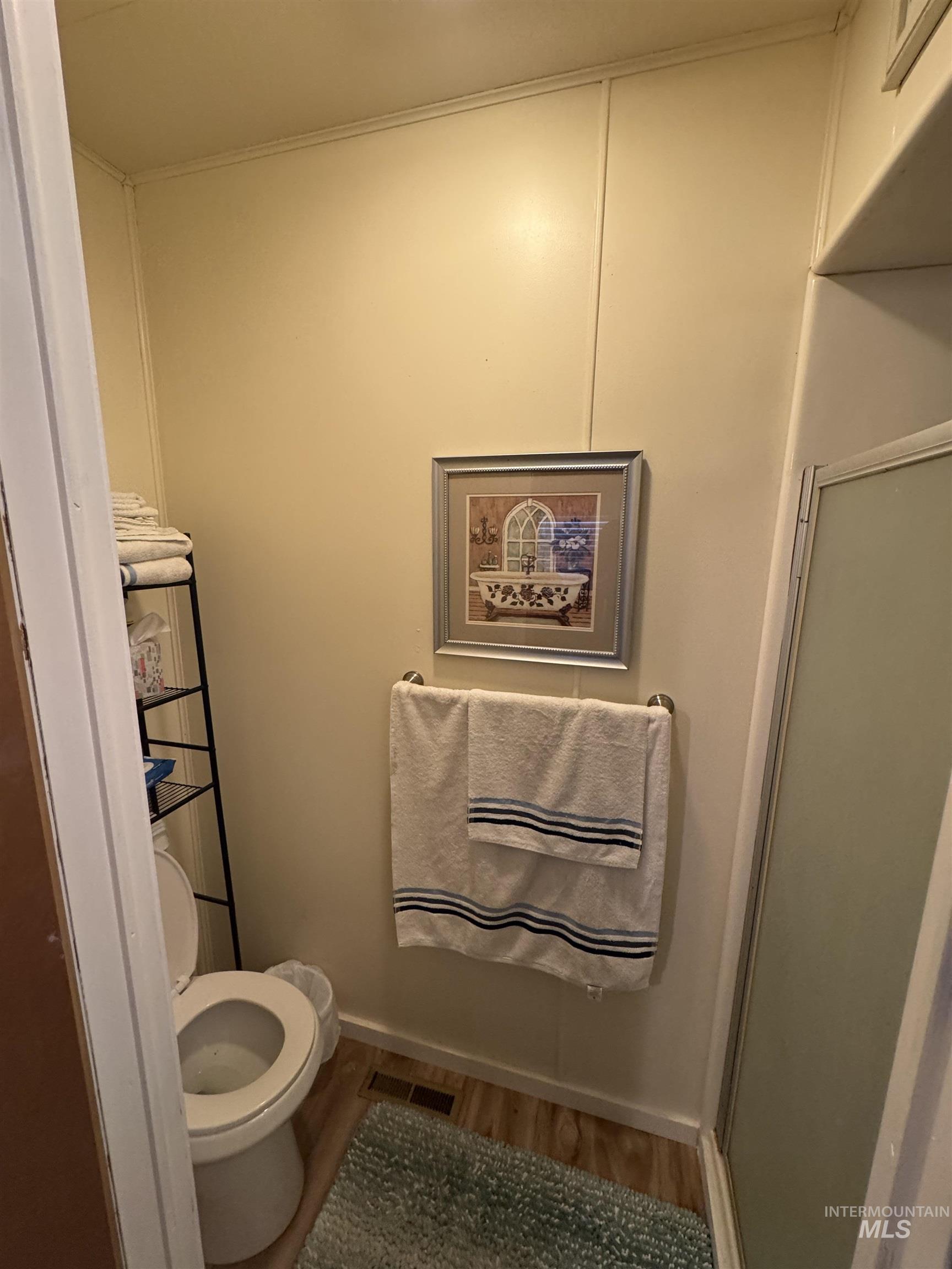 Bathroom with dark wood-type flooring and a stall shower
