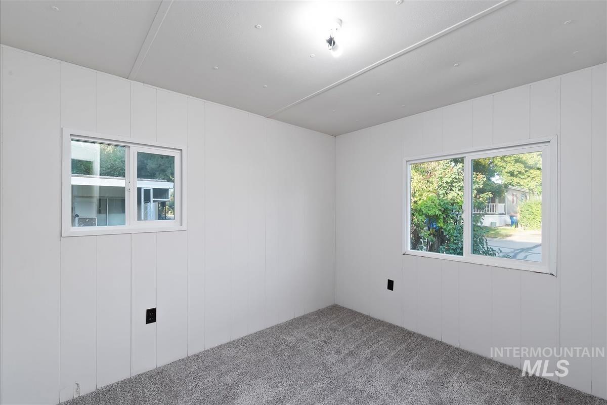 Unfurnished room featuring carpet flooring, healthy amount of natural light, and wood walls