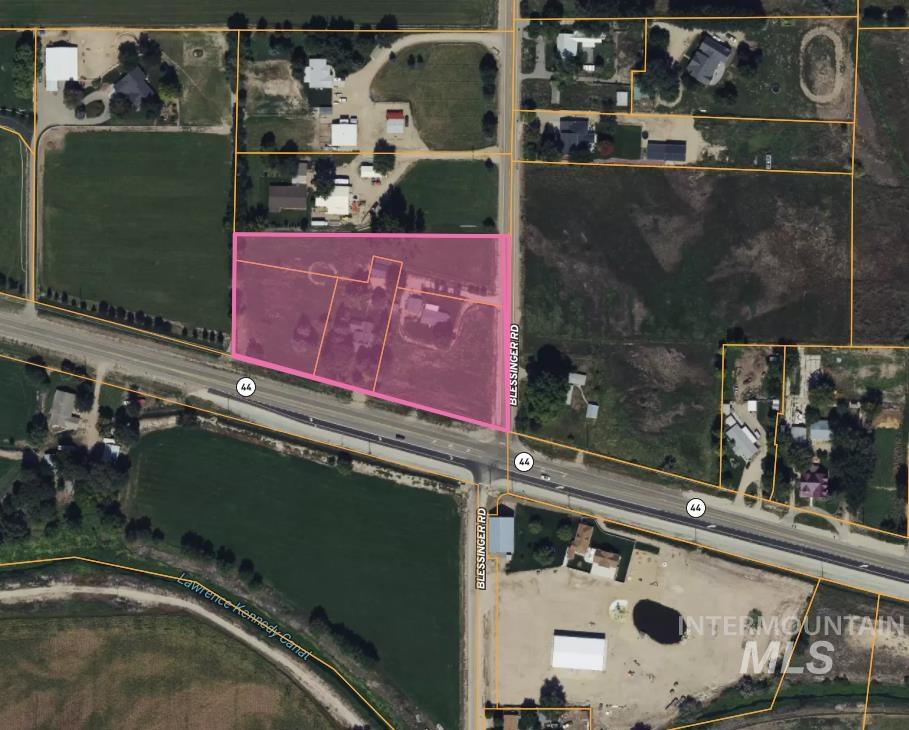 Aerial map of property and surrounding area with property parcel outlined