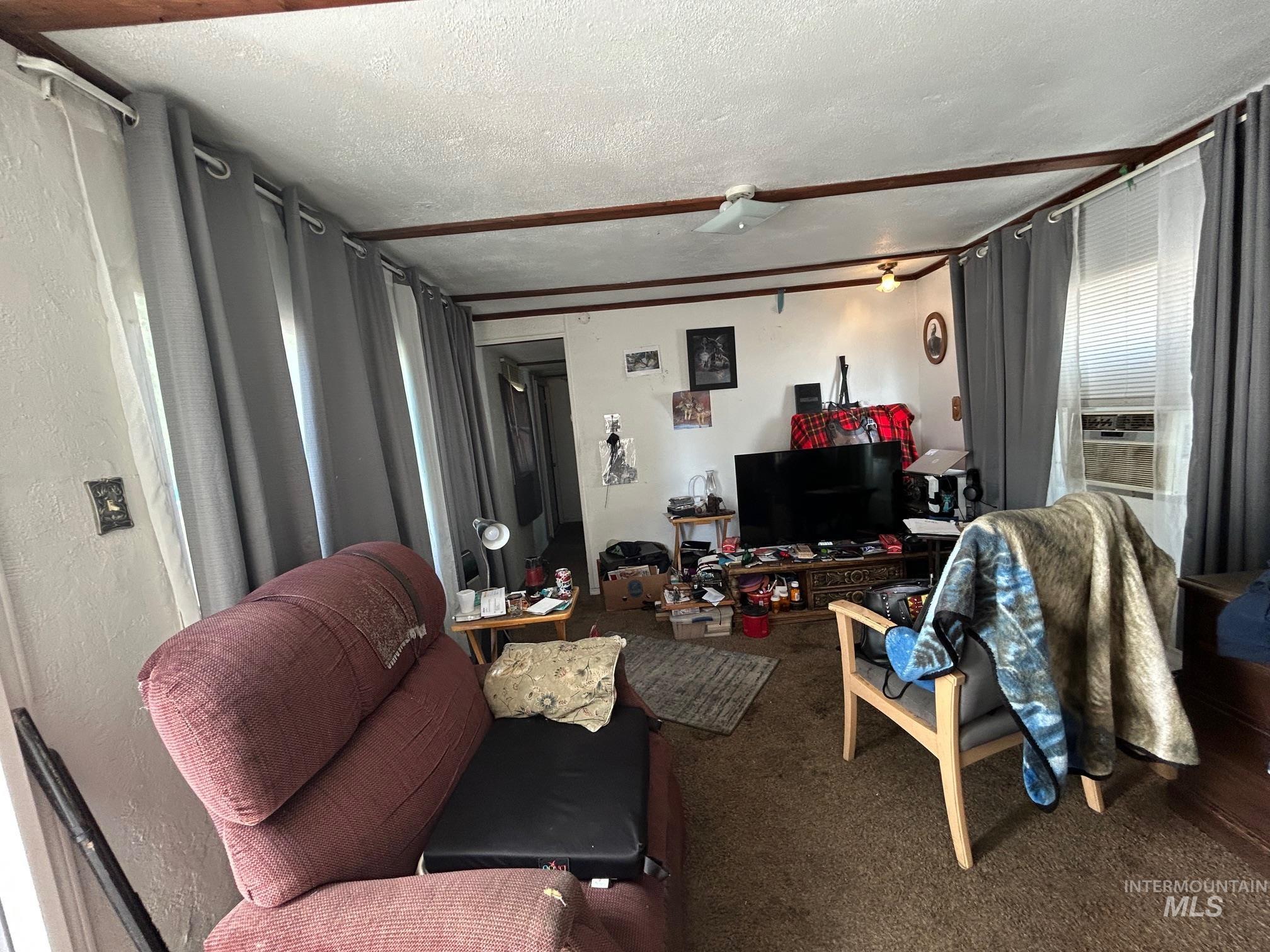 Living room featuring a textured ceiling, a textured wall, carpet floors, and cooling unit