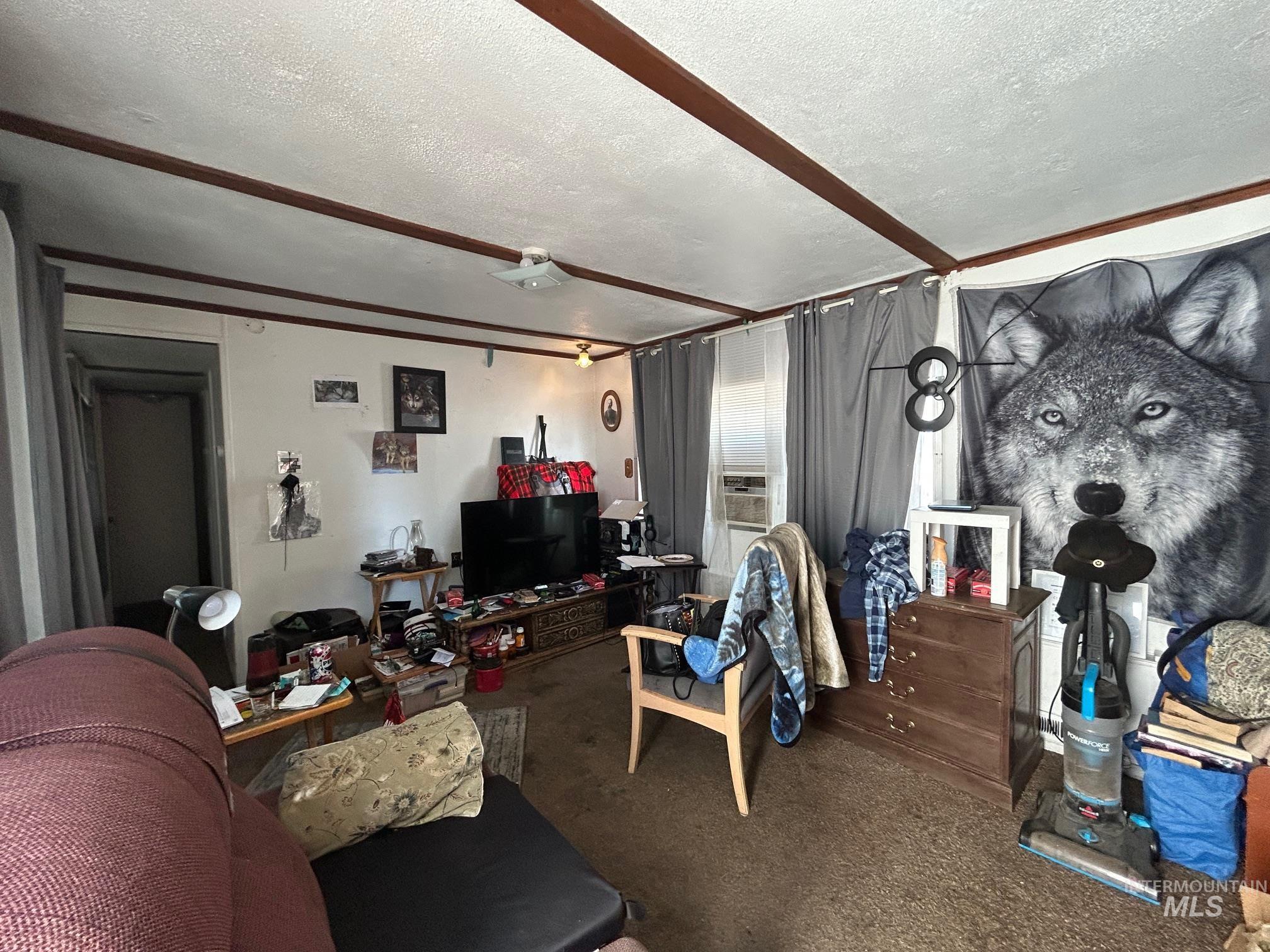 Living room with a textured ceiling and carpet