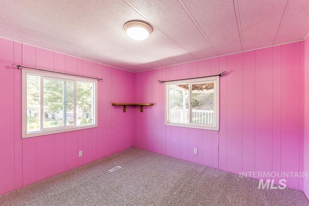 Carpeted spare room with wood walls