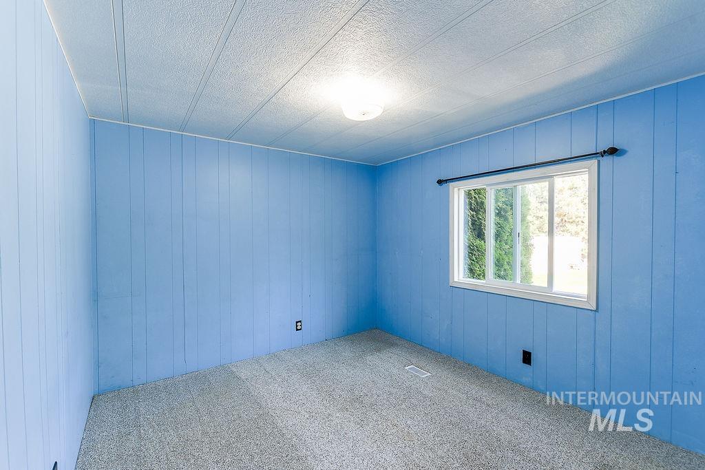 Carpeted empty room with wood walls