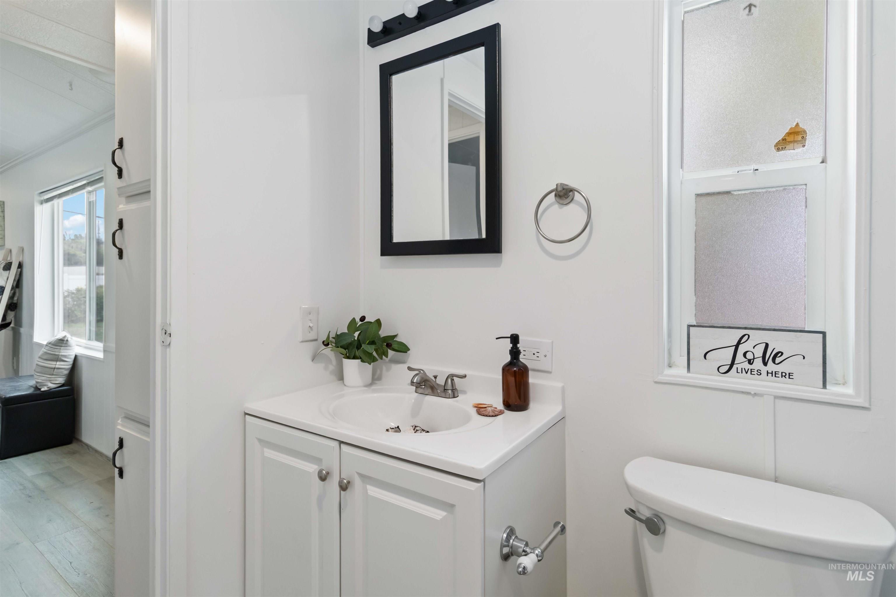 Half bath with vanity and light wood-type flooring