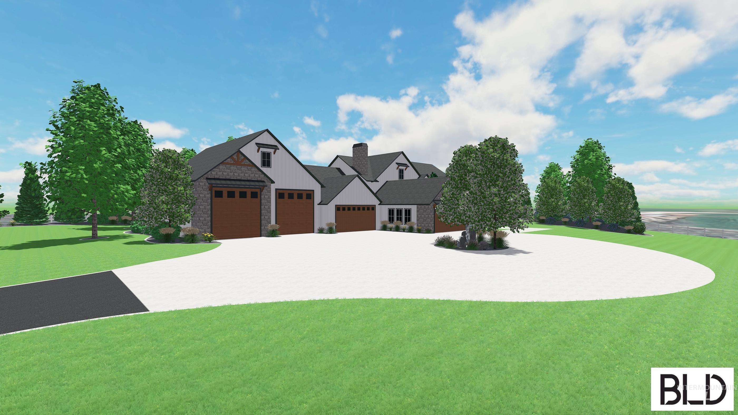 Modern farmhouse style home with stone siding, a front lawn, a garage, a chimney, and board and batten siding