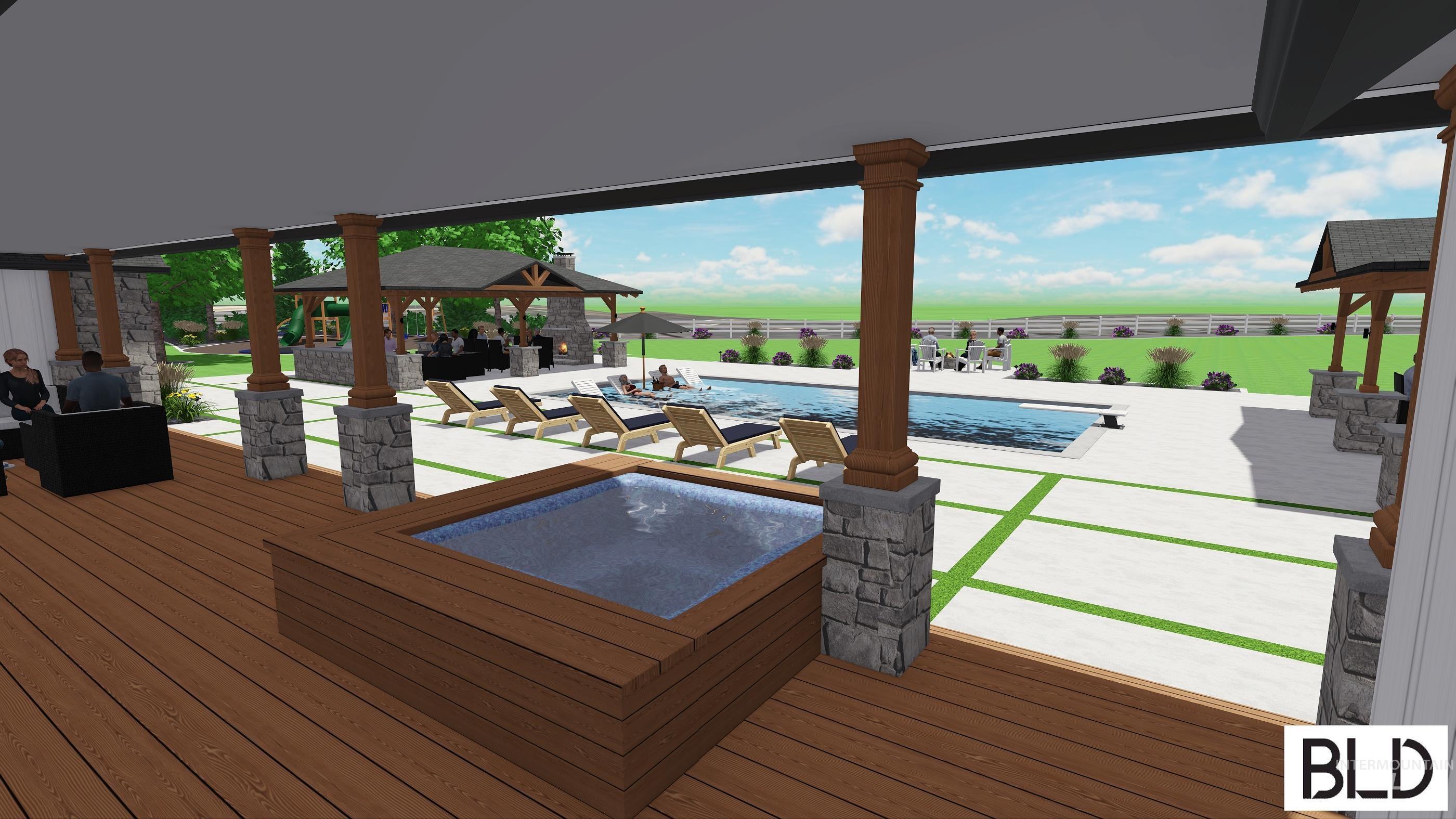 Deck featuring a patio, an outdoor pool, a water view, a hot tub, and a gazebo