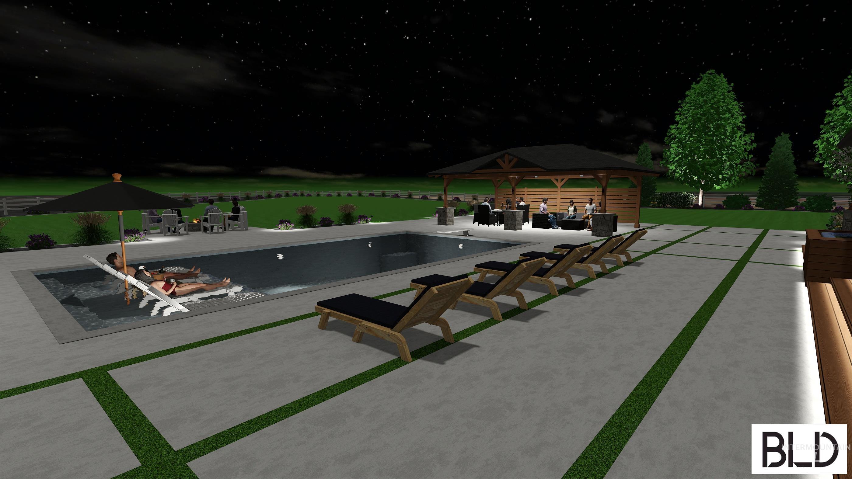 Pool at twilight featuring a patio