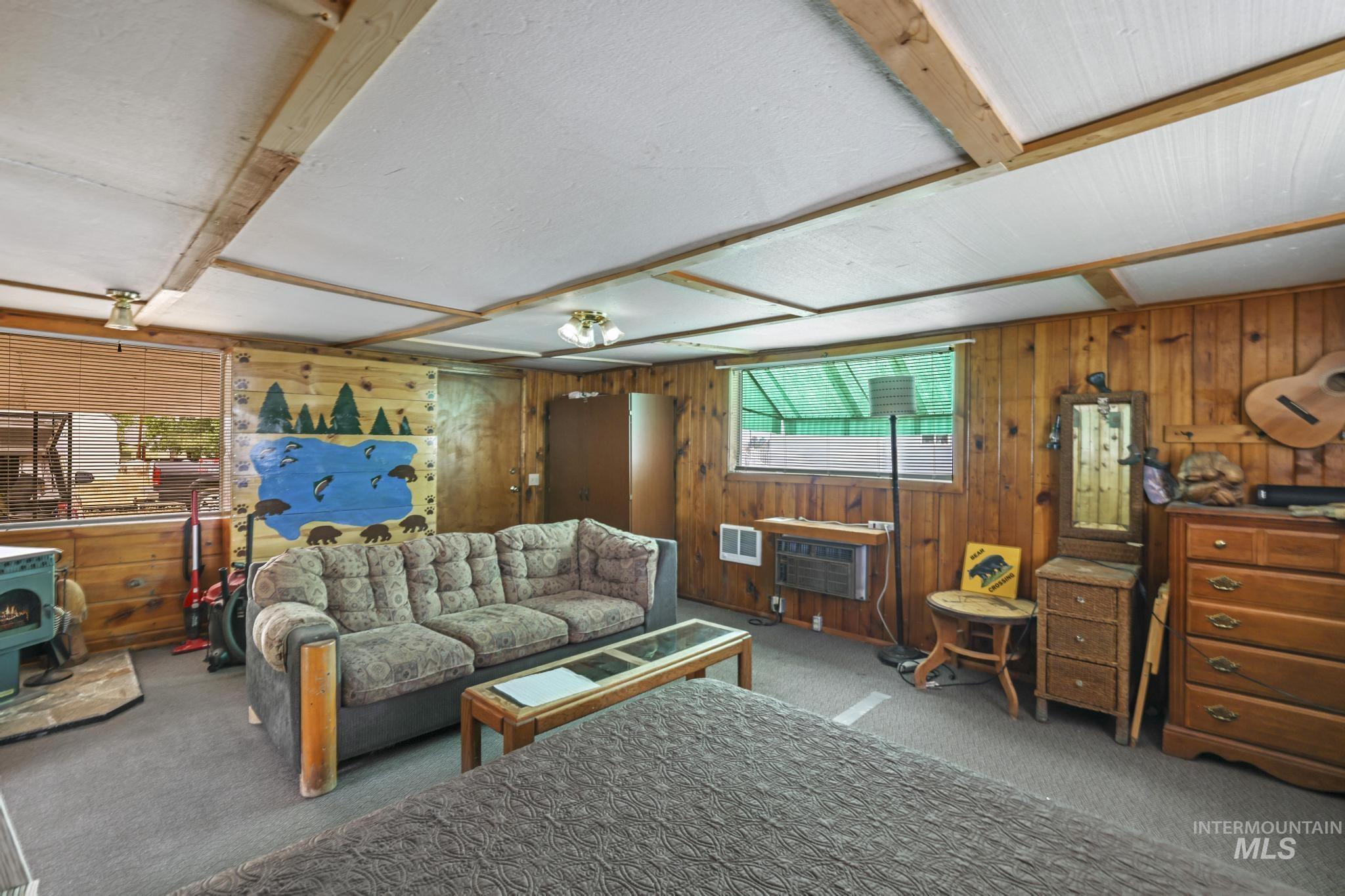 Carpeted living room with a pellet stove and wooden walls
