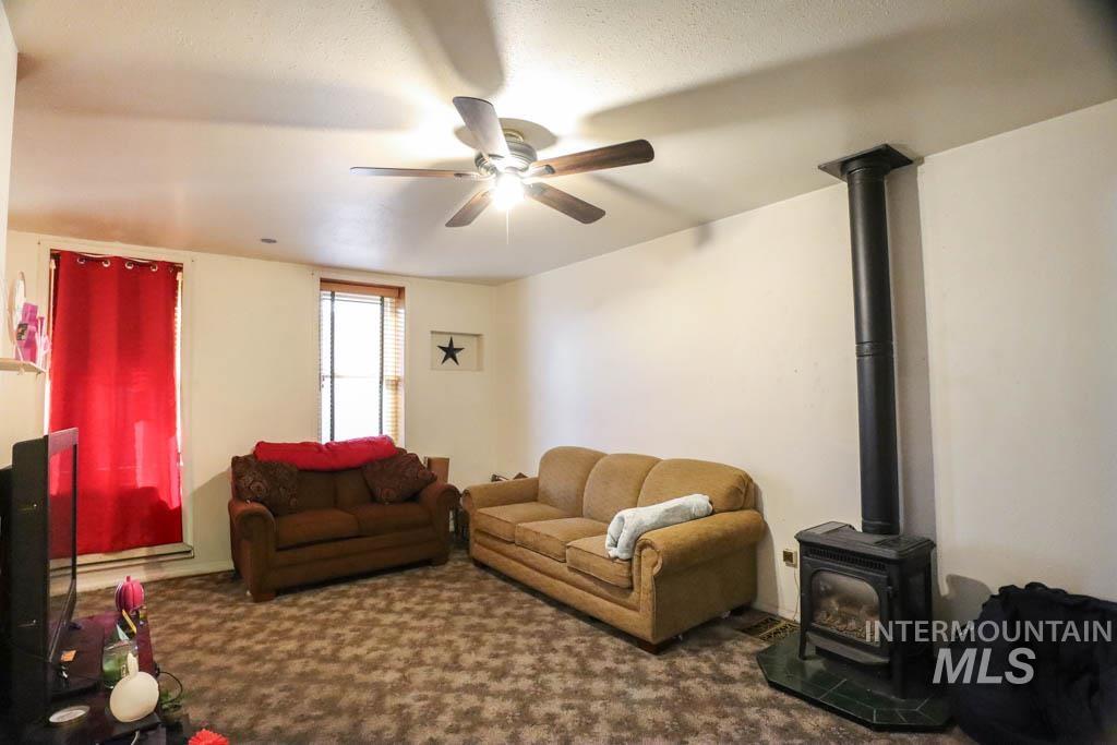 Living area with a wood stove, carpet, and ceiling fan