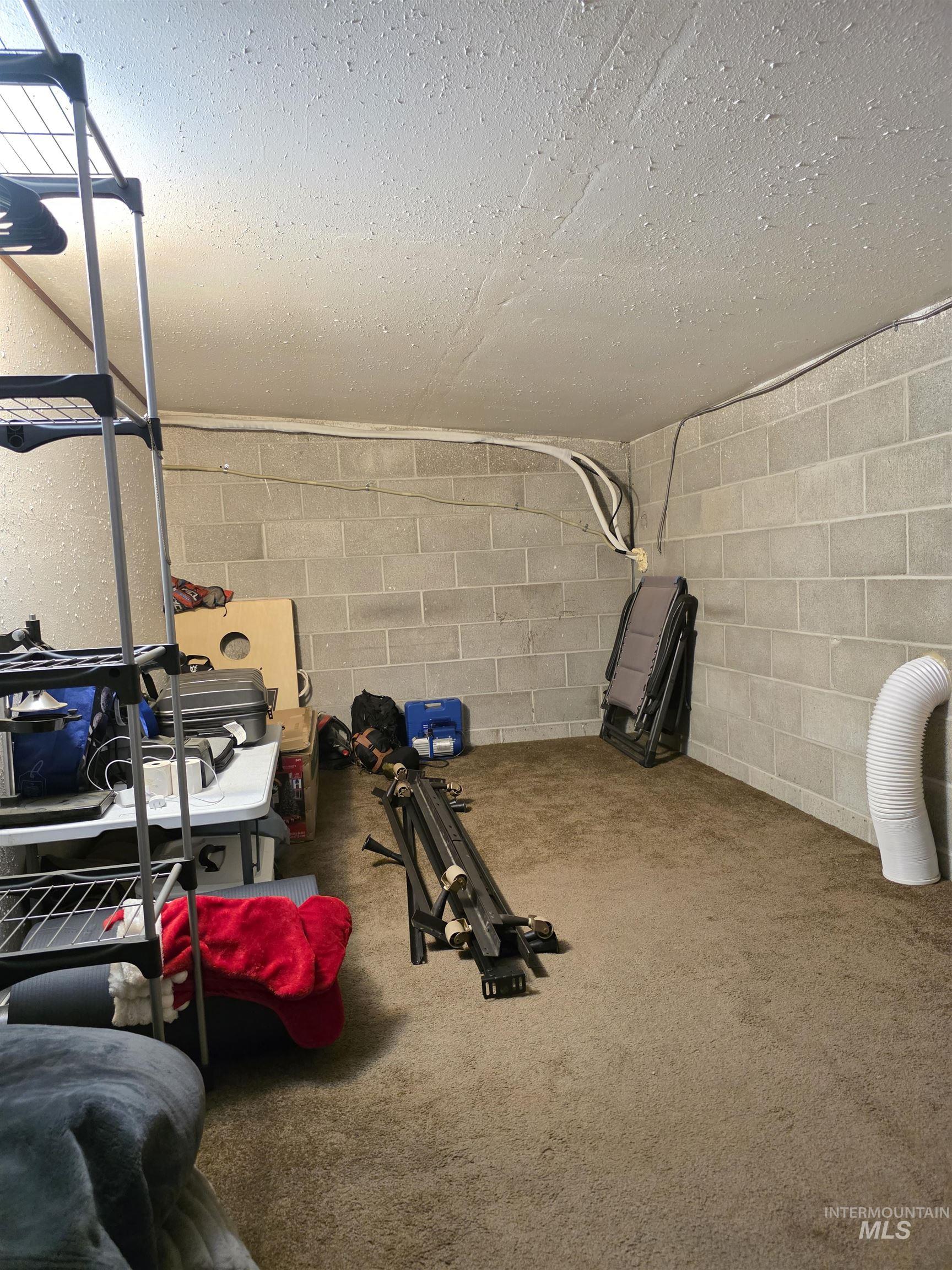 Workout area with concrete block wall and a garage