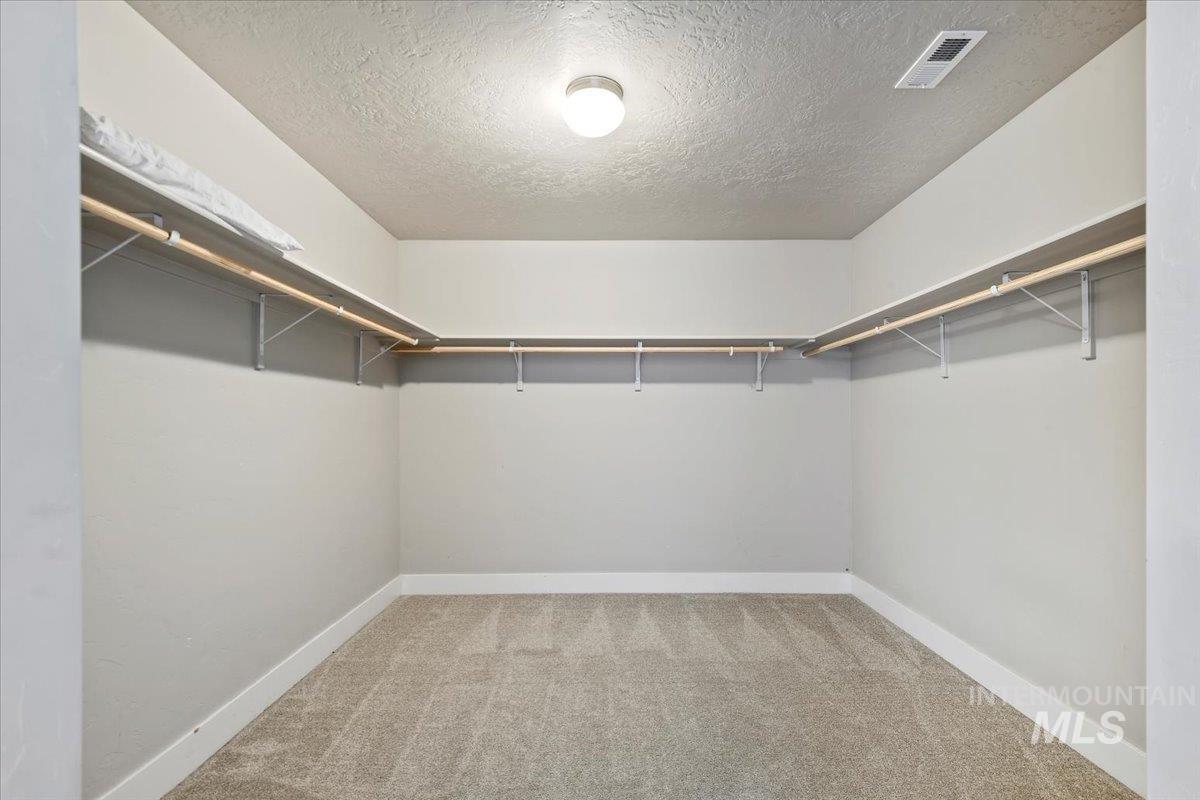 Walk in closet featuring light carpet