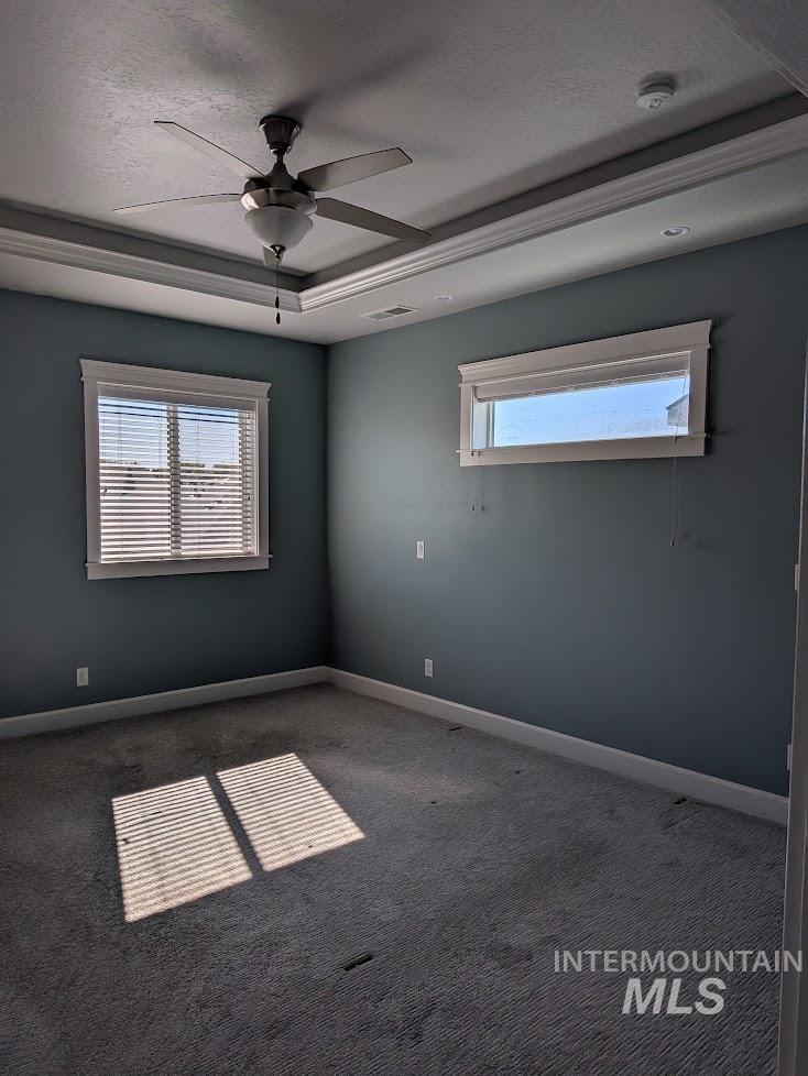Unfurnished room with a tray ceiling, carpet floors, a ceiling fan, and a textured ceiling