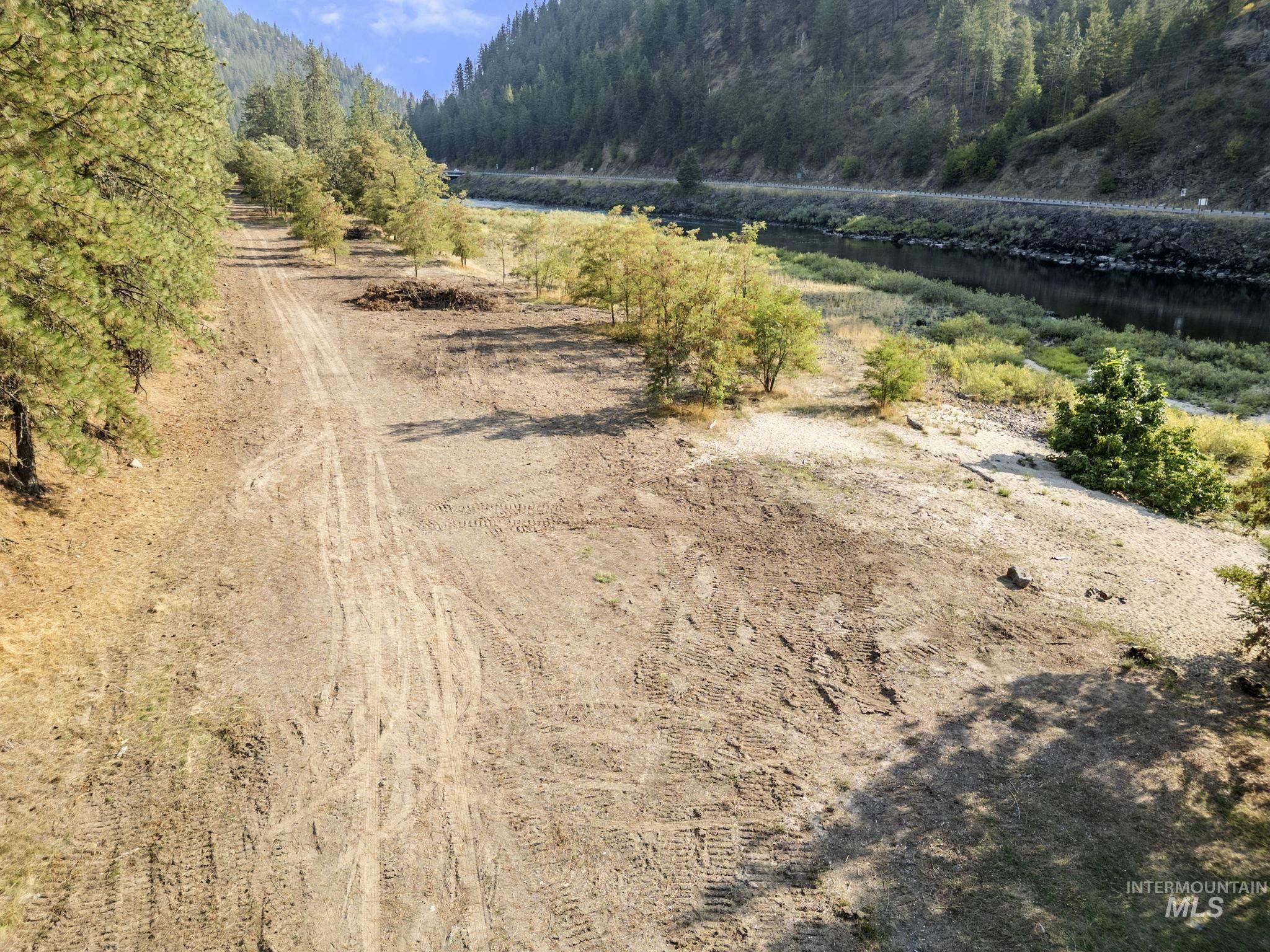 View of dirt / gravel road with a forest view
