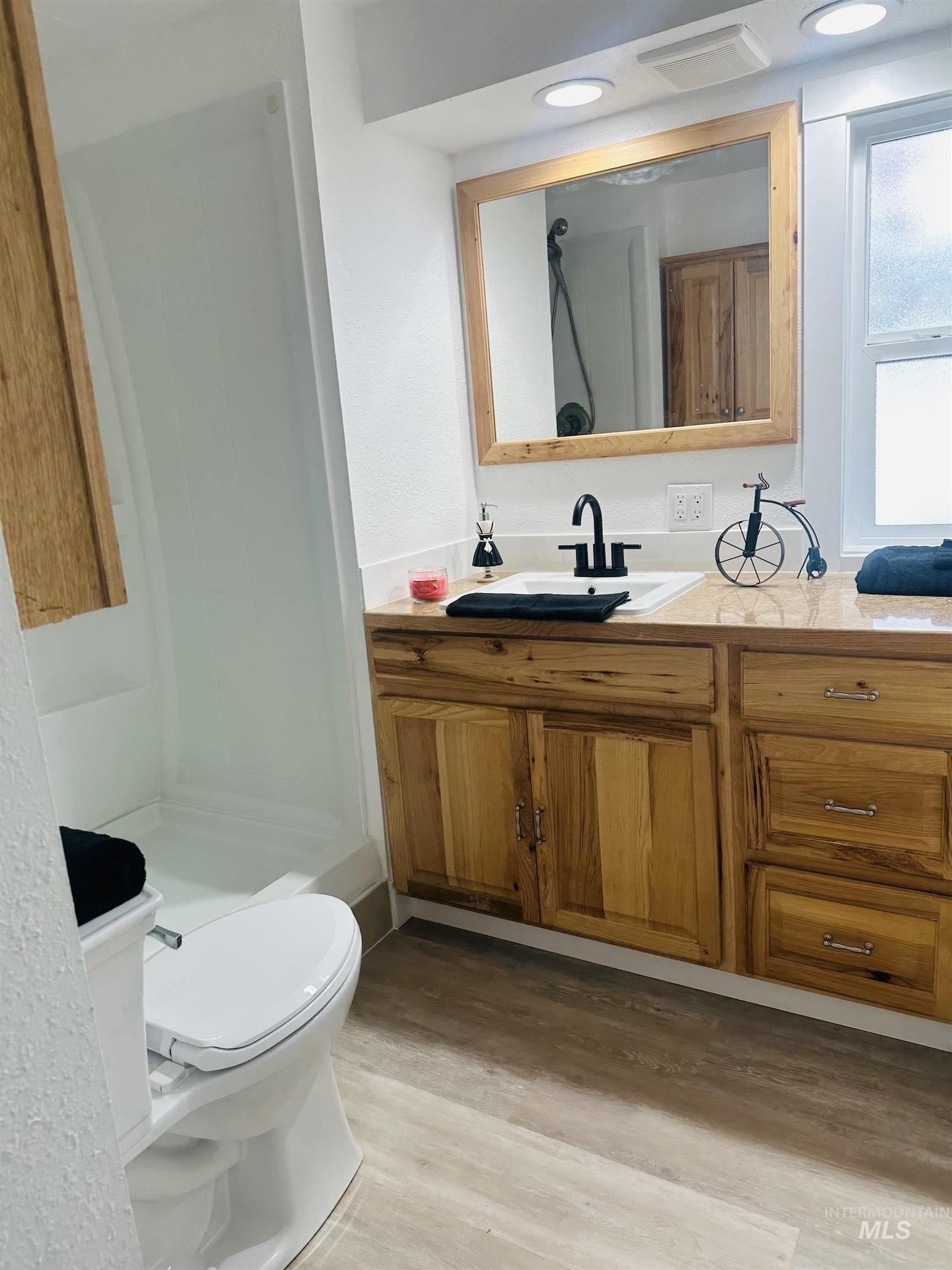 Full bathroom with vanity, light wood-style floors, and a stall shower