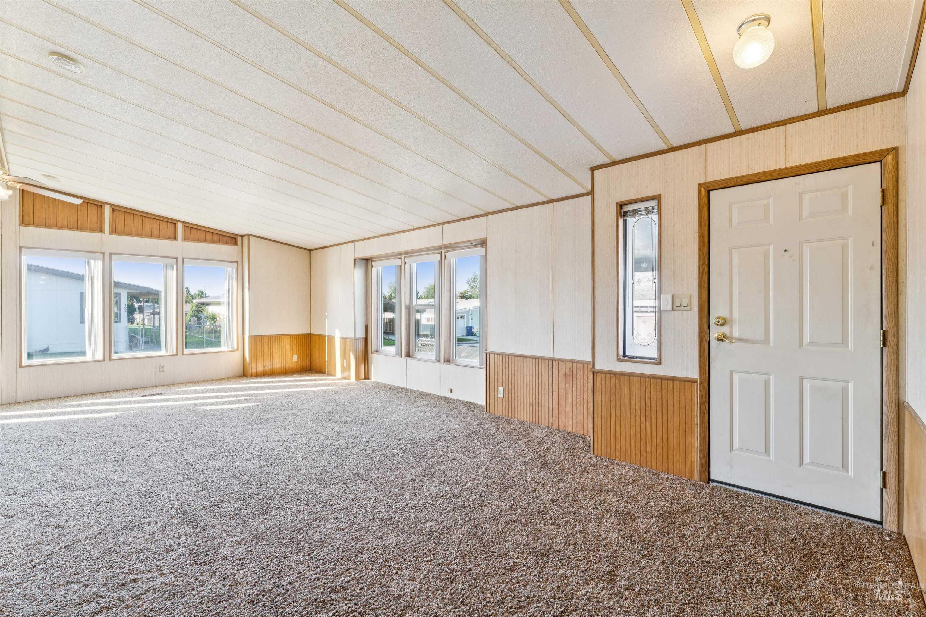 Entryway with wooden walls, carpet, plenty of natural light, wainscoting, and ornamental molding