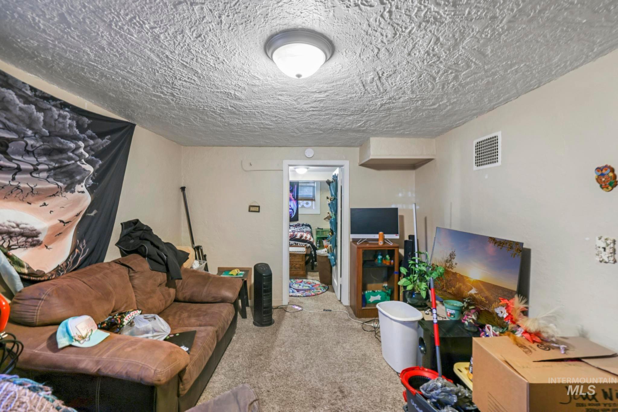 Carpeted living area featuring a textured ceiling
