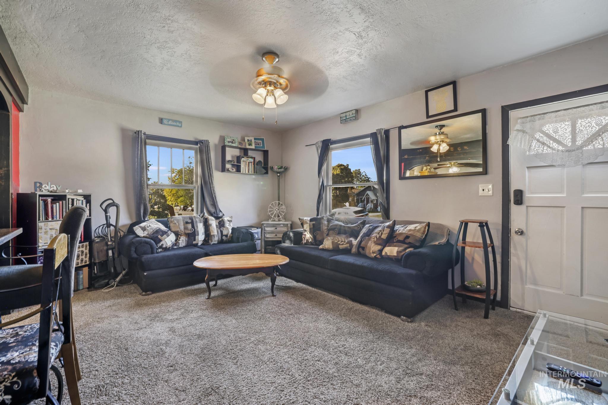 Living room with carpet flooring, a textured ceiling, ceiling fan, and healthy amount of natural light