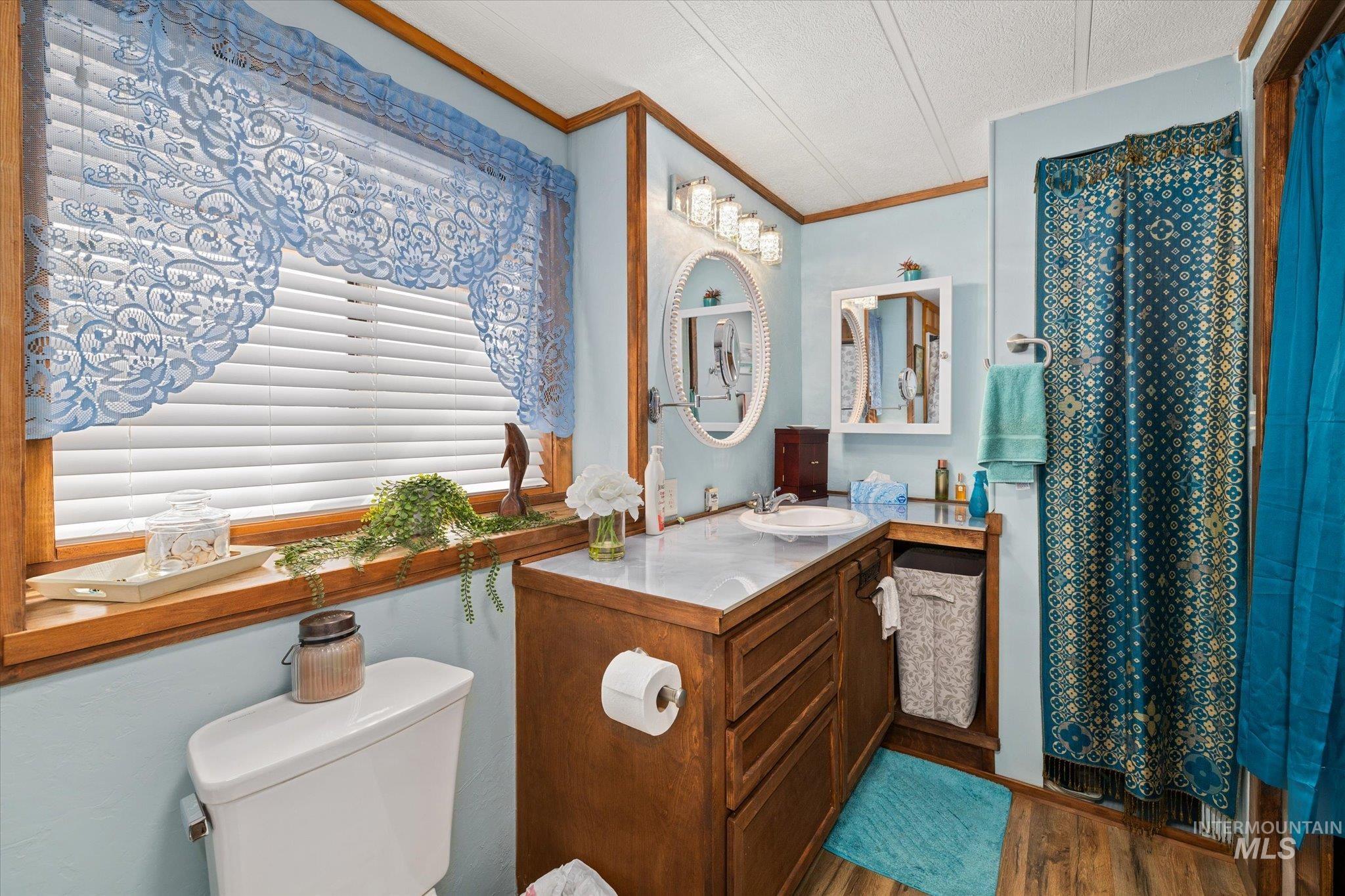 Bathroom featuring vanity, wood finished floors, crown molding, a textured ceiling, and a shower with shower curtain