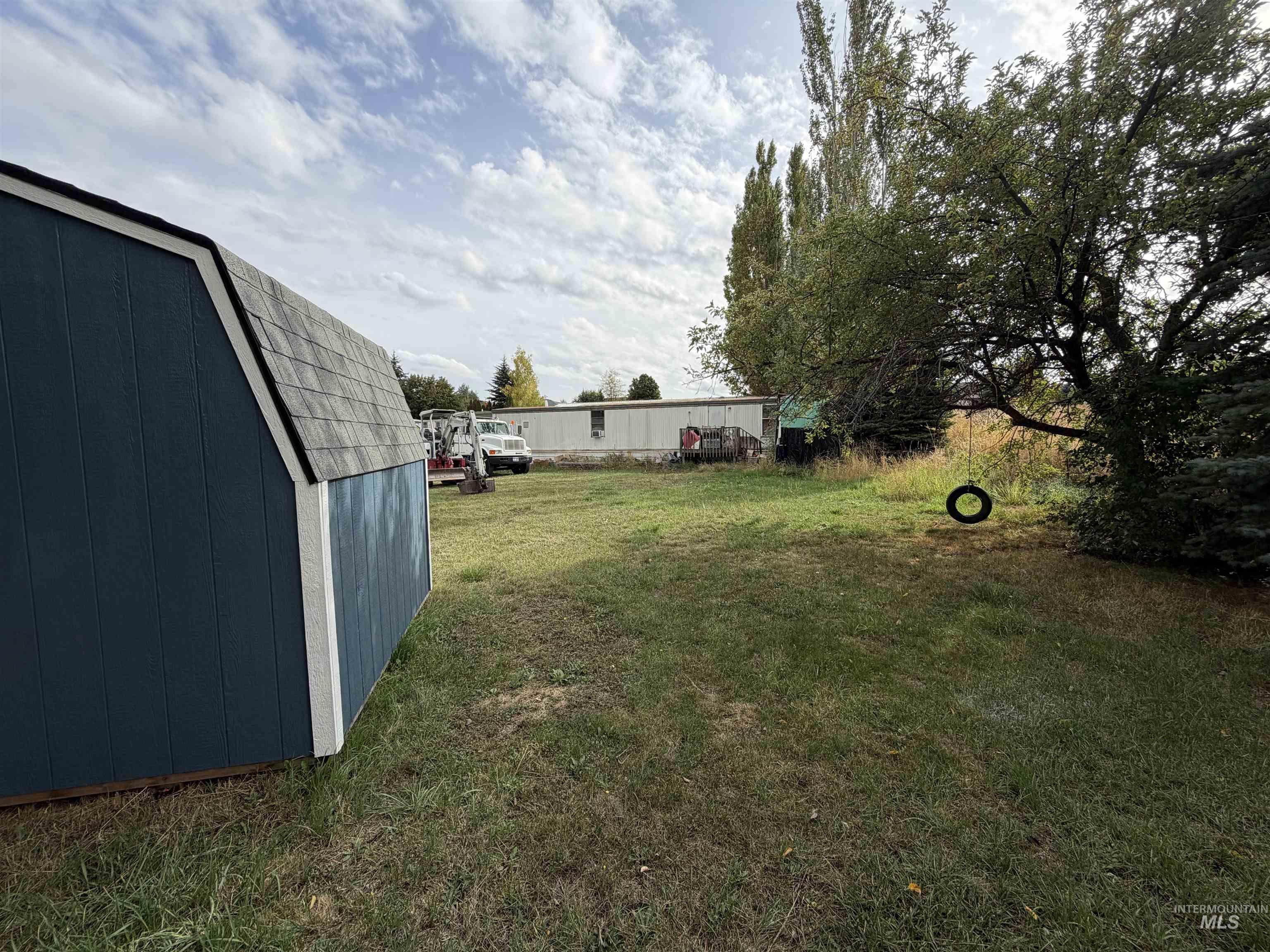 View of grassy yard with an outbuilding