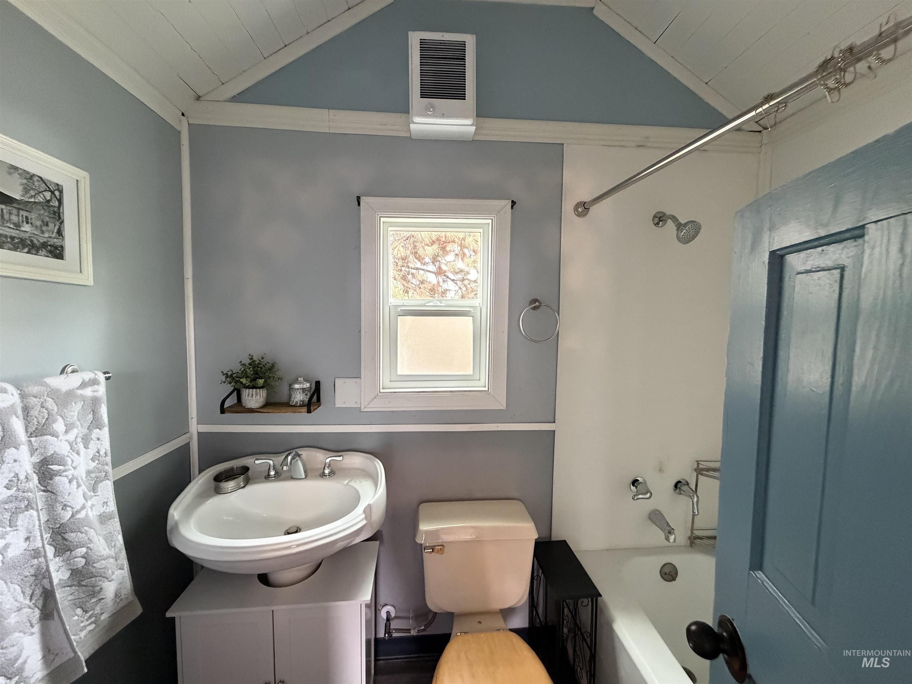 Full bathroom featuring vanity, washtub / shower combination, and vaulted ceiling