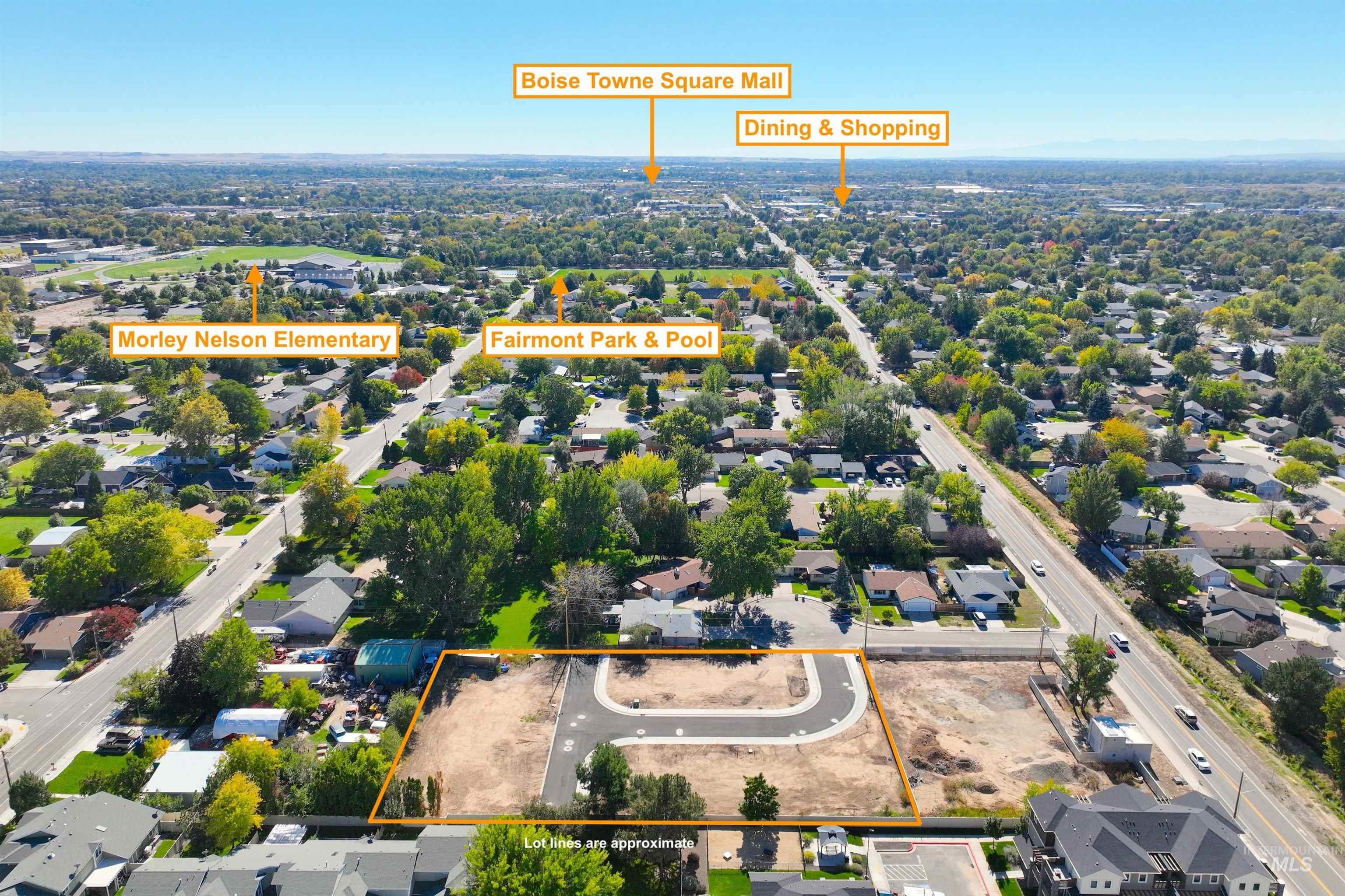 Aerial perspective of suburban area featuring property boundaries highlighted