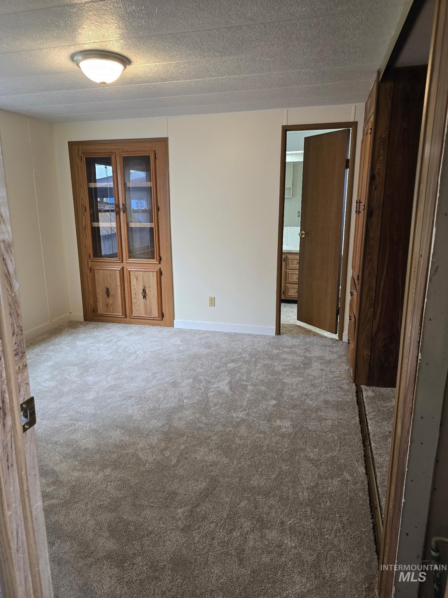 Unfurnished room featuring a textured ceiling and carpet floors