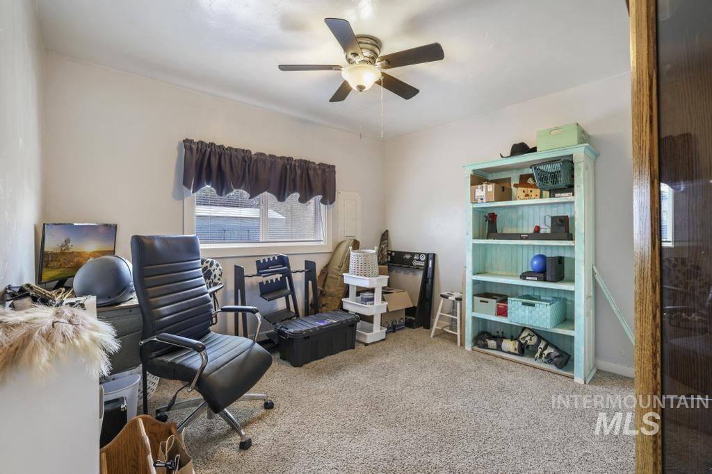 Office space with carpet floors and a ceiling fan
