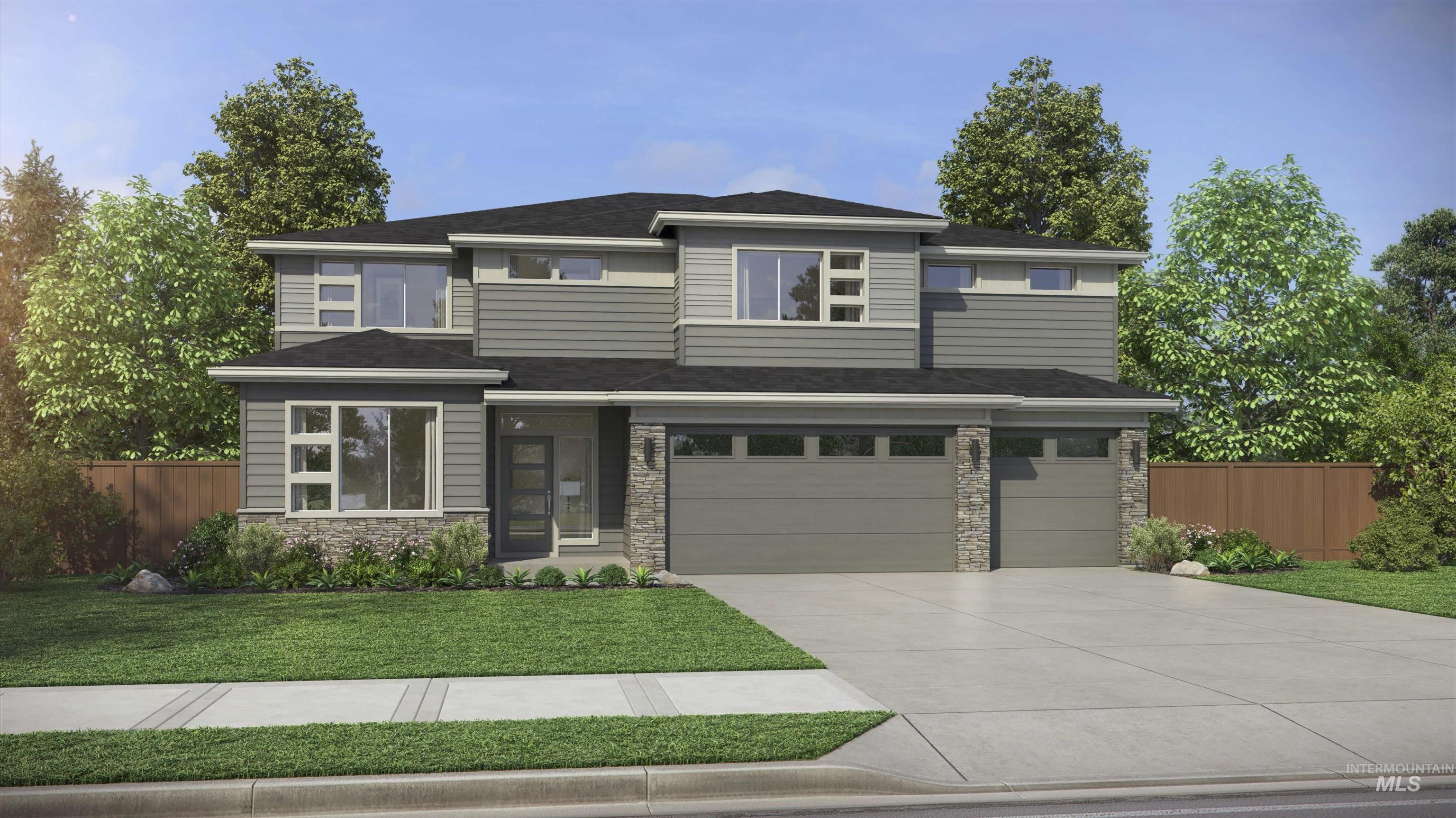 Prairie-style house featuring stone siding, a garage, and concrete driveway