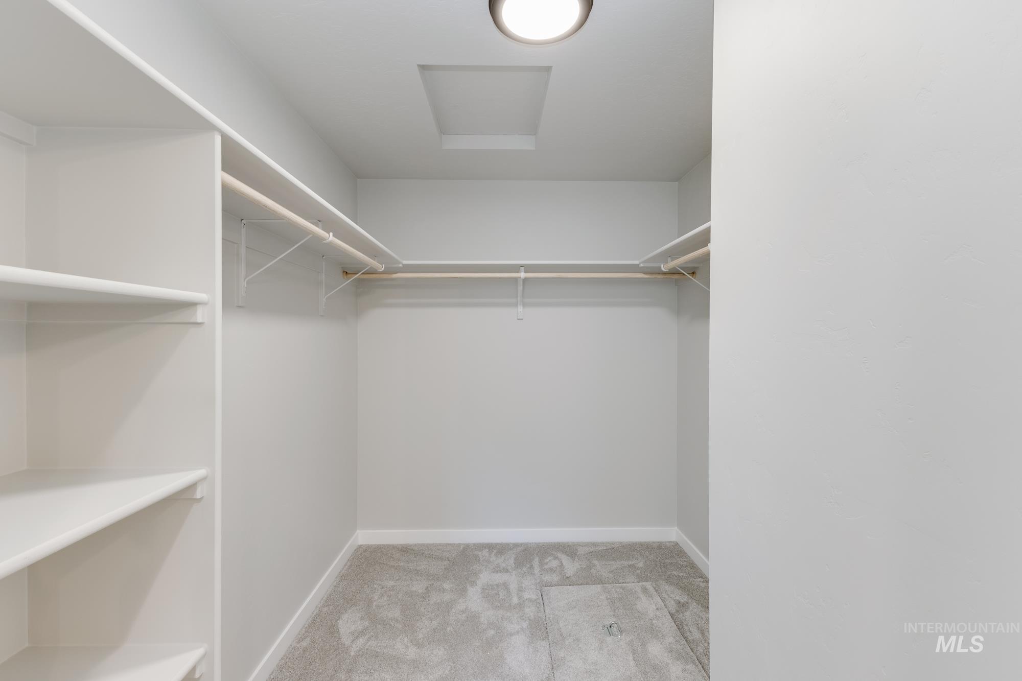 Spacious closet featuring light colored carpet