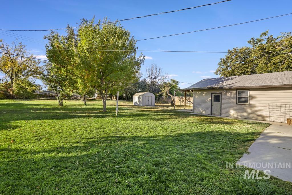 View of green lawn with a storage unit