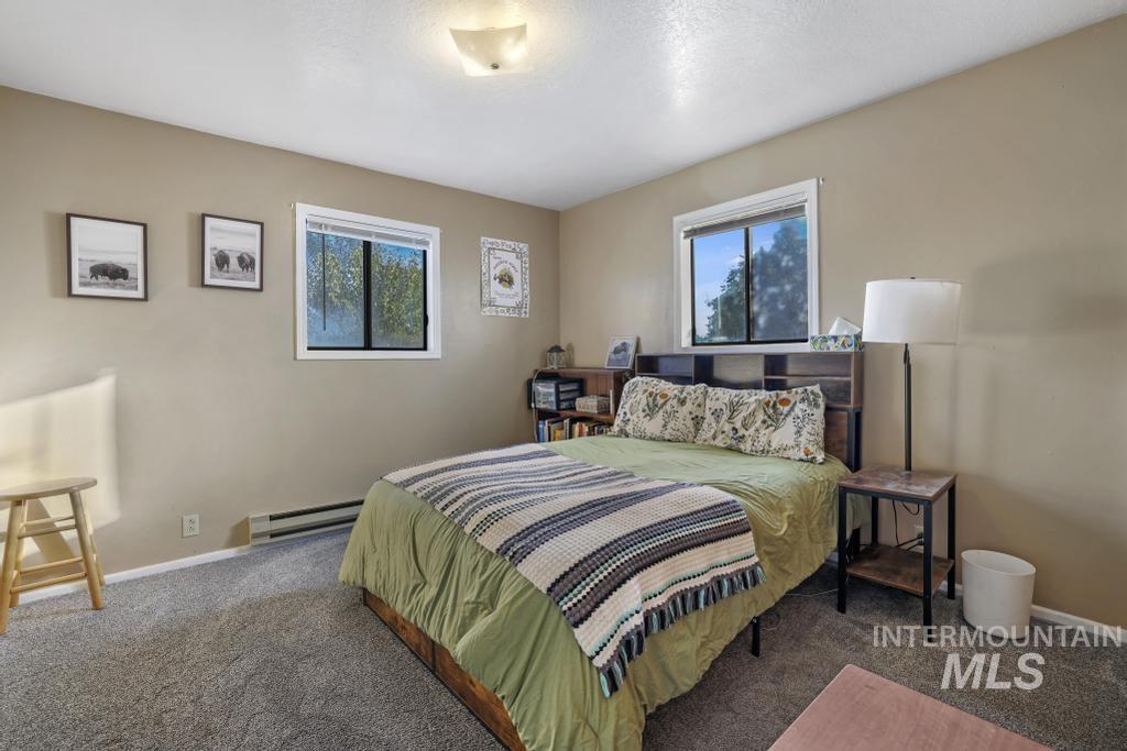 Bedroom with multiple windows, carpet floors, and baseboard heating