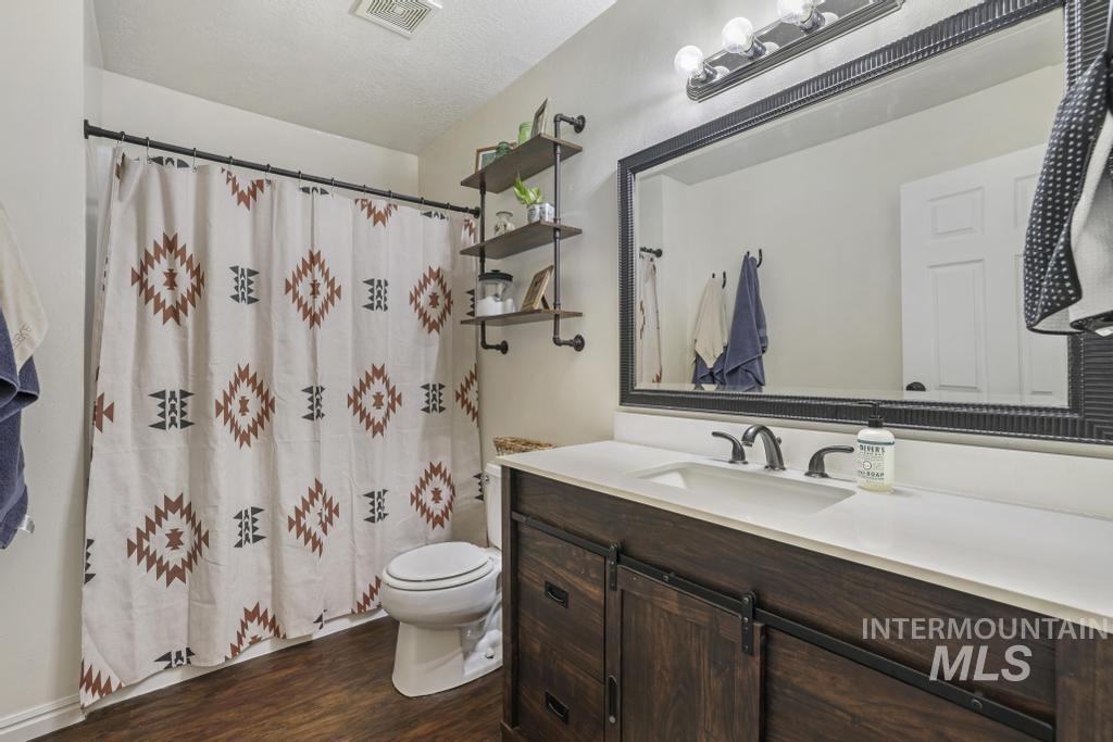 Bathroom featuring vanity, dark wood-style flooring, a textured ceiling, and curtained shower