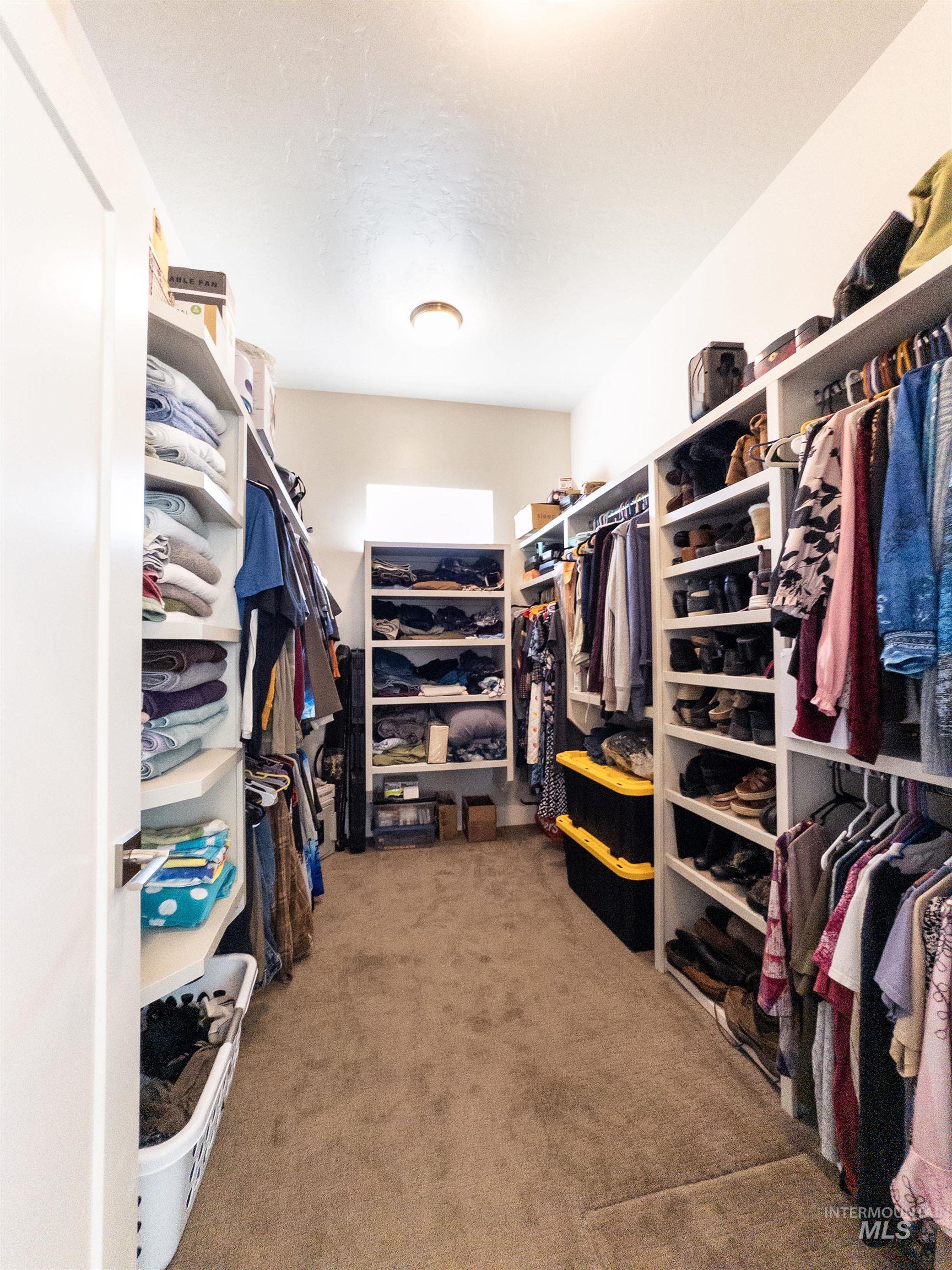 Walk in closet with light carpet