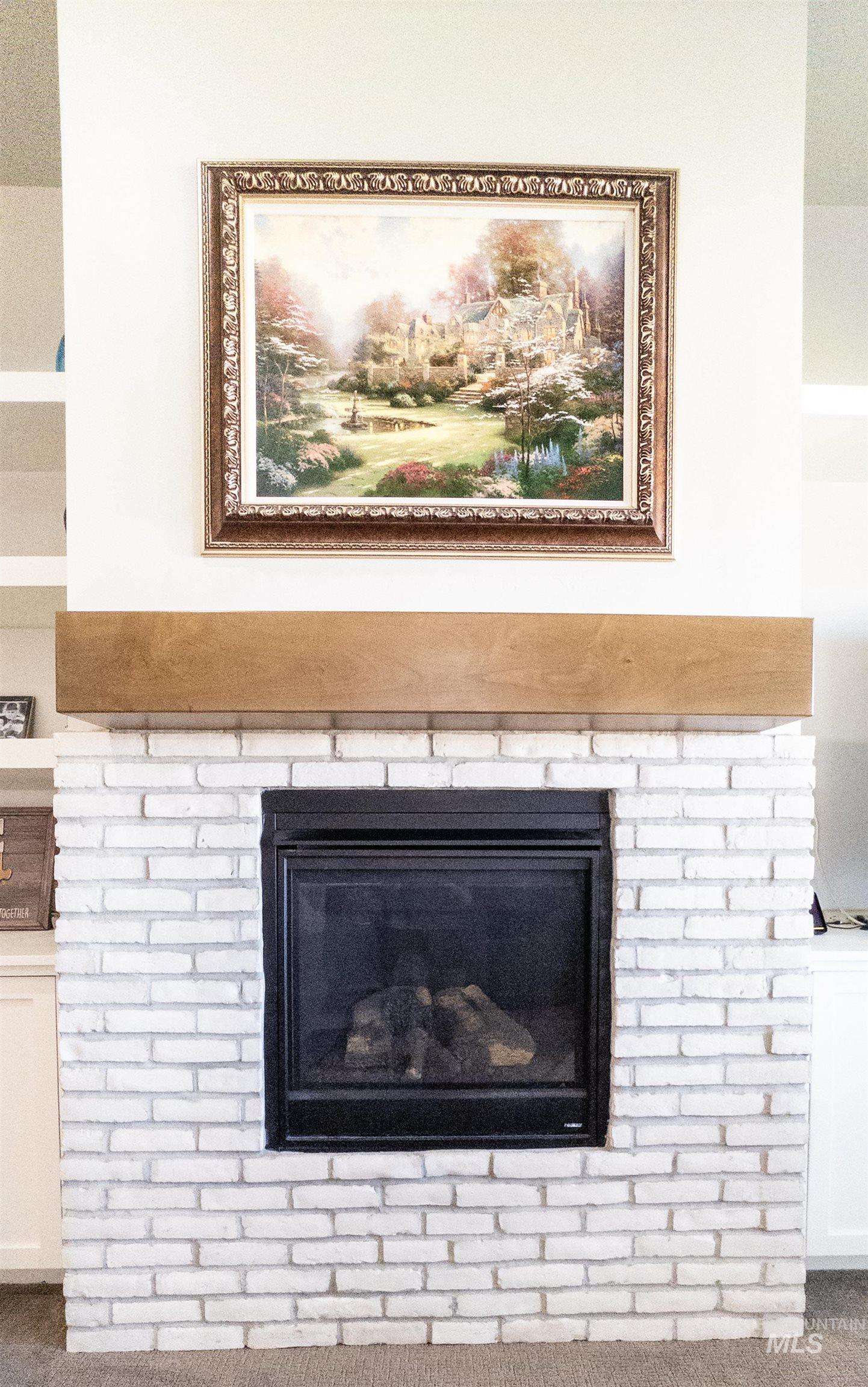 Detailed view of carpet flooring and a fireplace