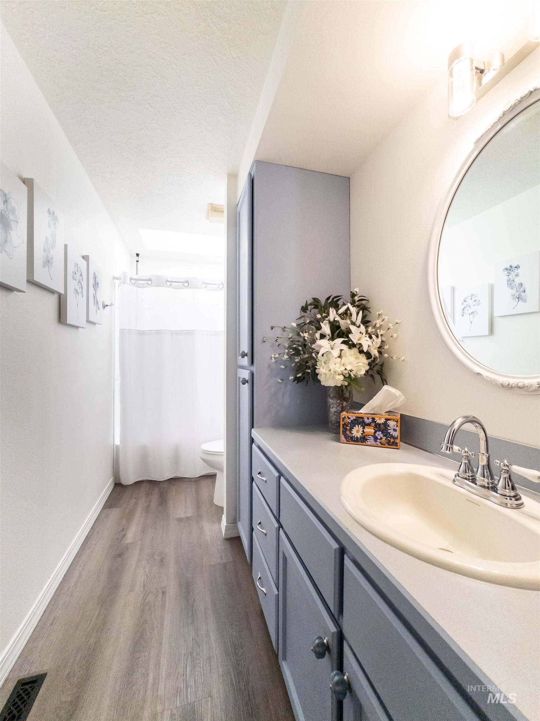 Bathroom featuring vanity, dark wood-style floors, a textured ceiling, and shower / bath combo with shower curtain