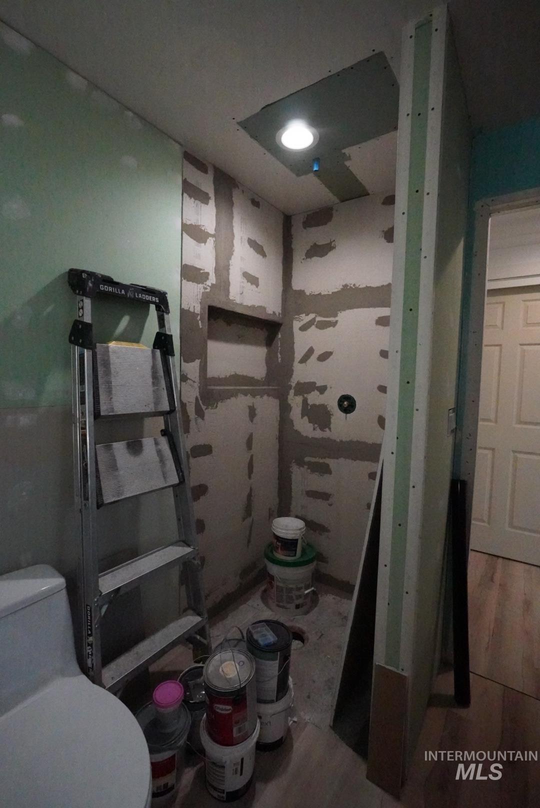 Bathroom with light wood-style floors and toilet