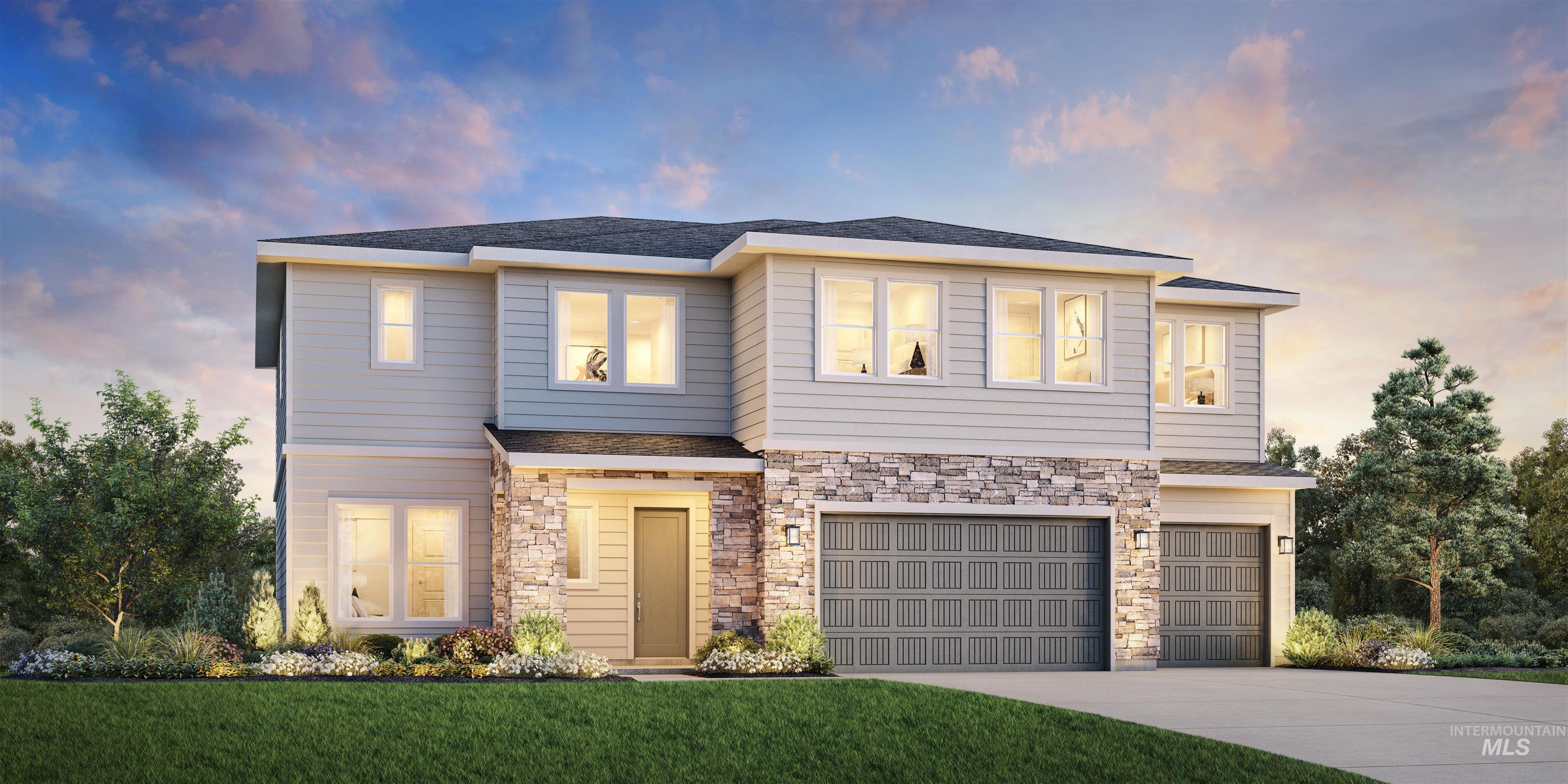 View of front of property with stone siding, concrete driveway, an attached garage, a front lawn, and a shingled roof