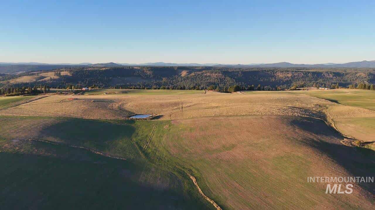 Bird's eye view of a mountainous background and a golf course