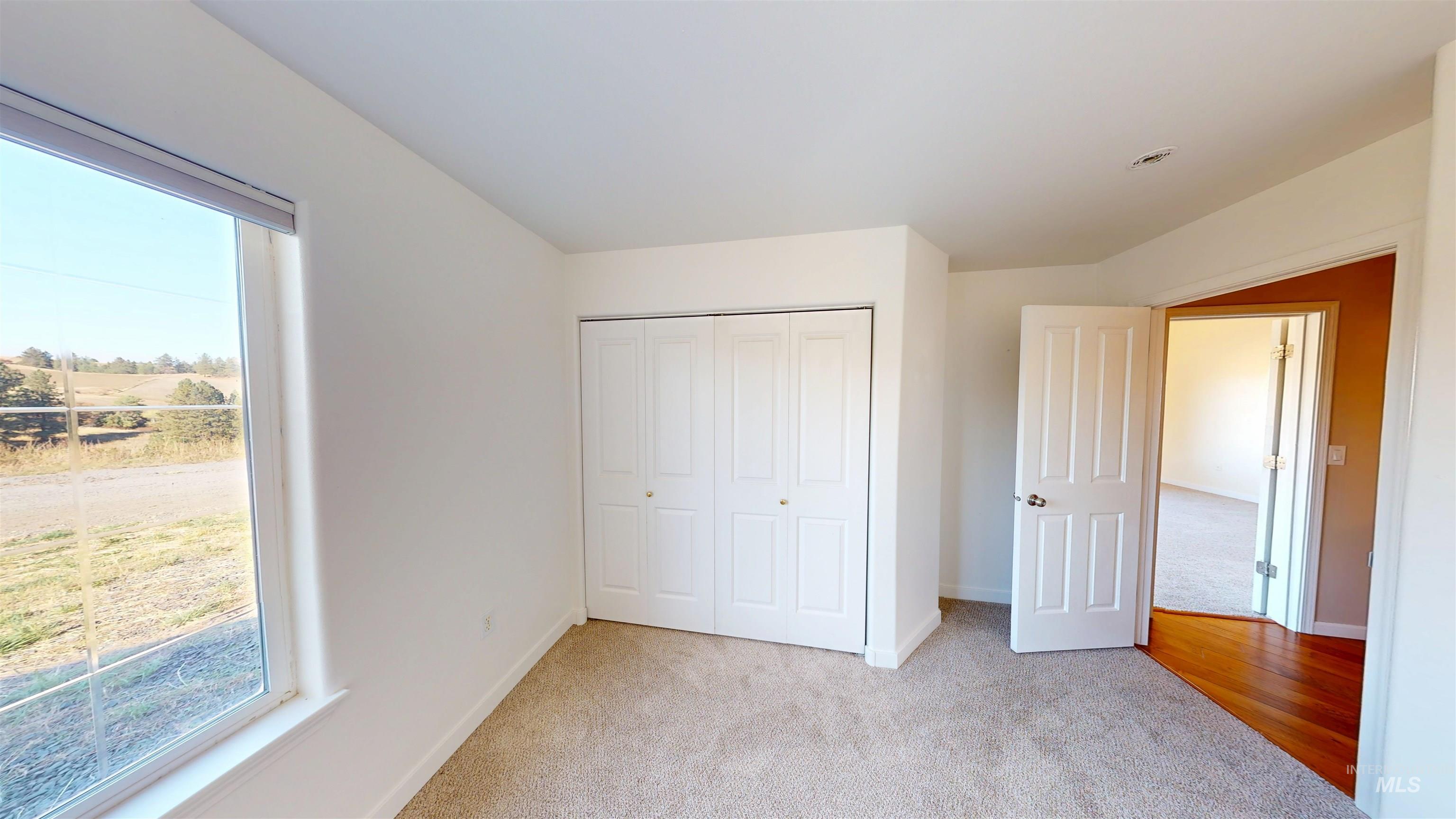 Unfurnished bedroom with light carpet and a closet