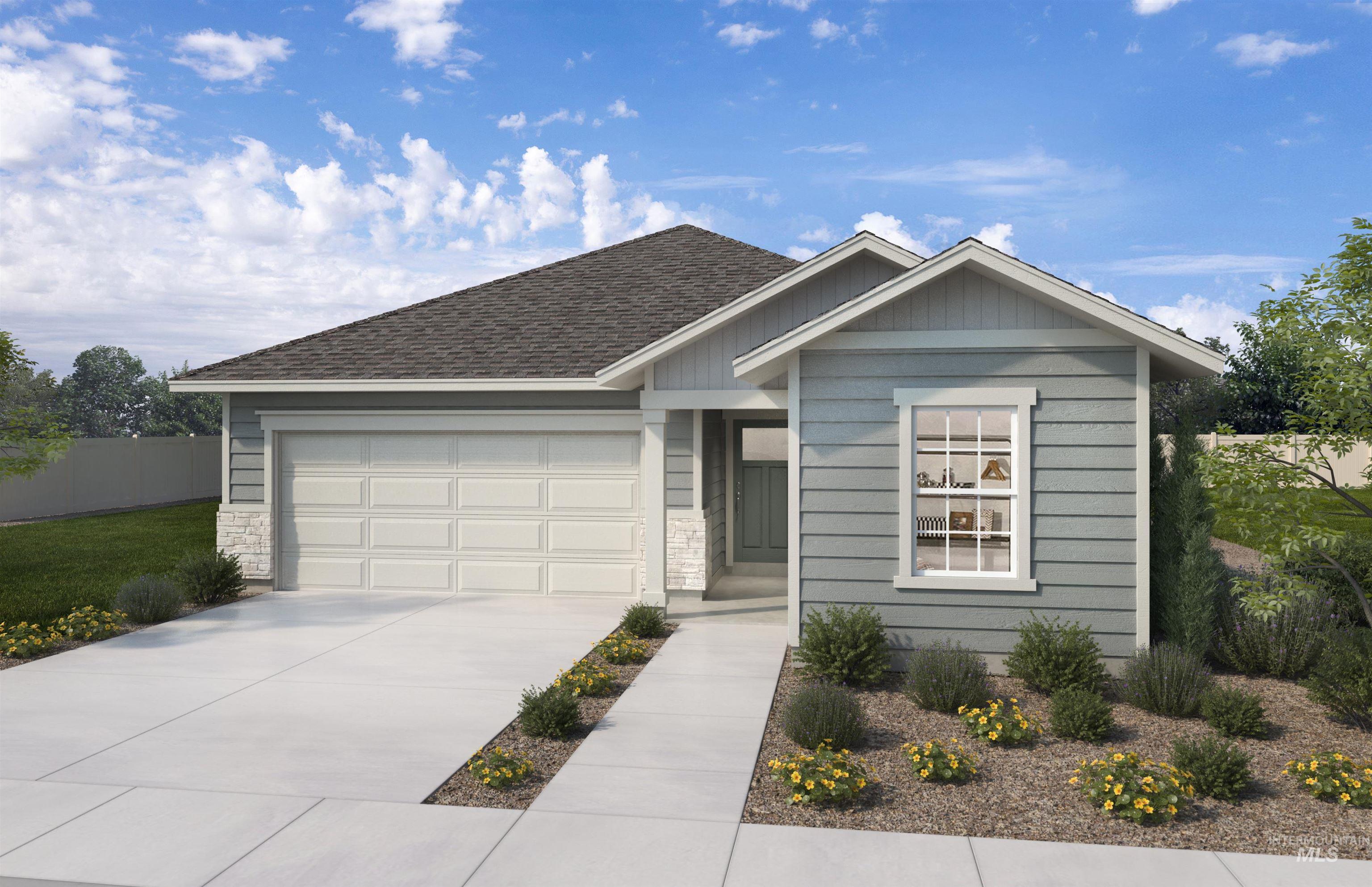 Single story home featuring an attached garage, driveway, stone siding, and roof with shingles