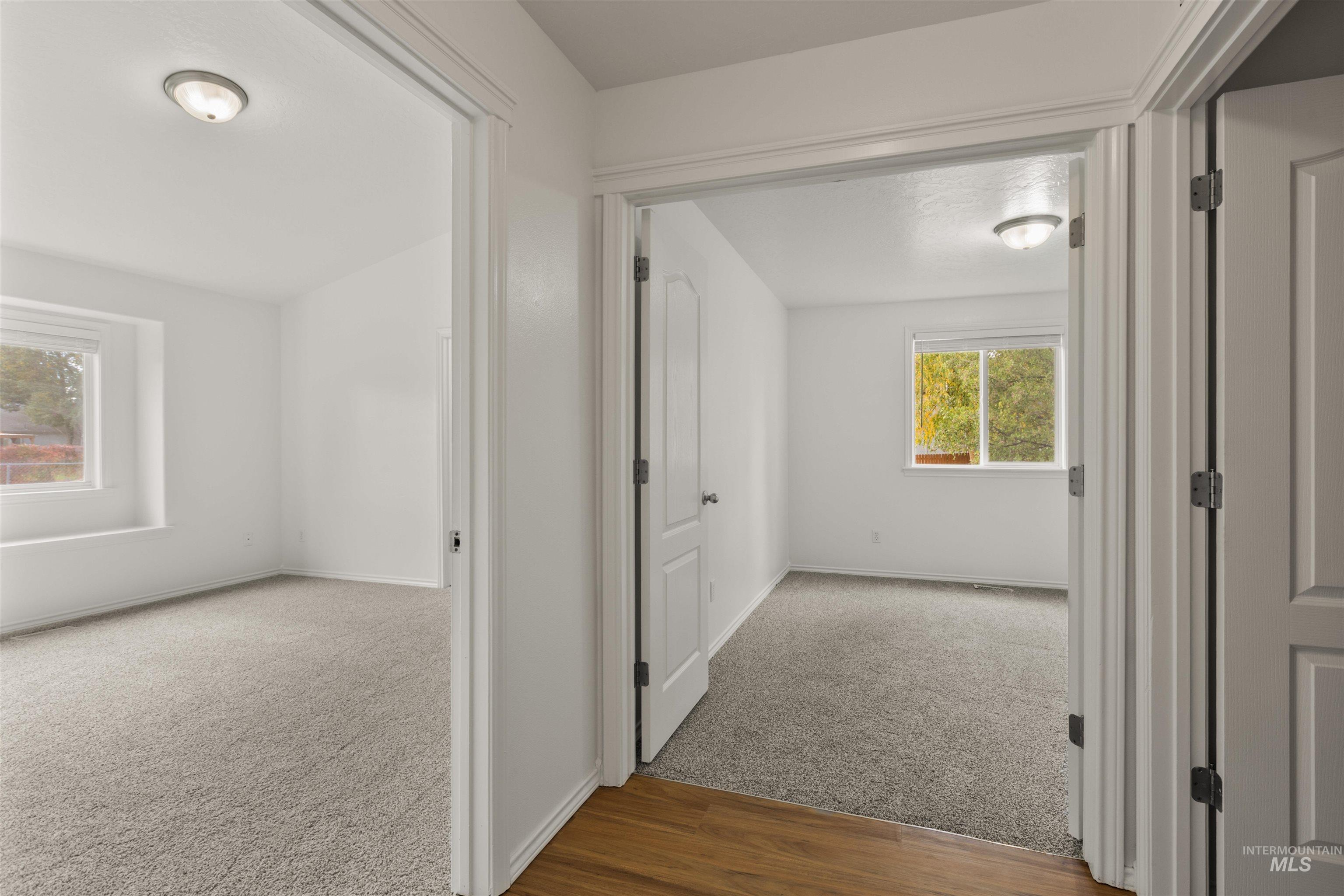 Corridor featuring carpet and wood finished floors