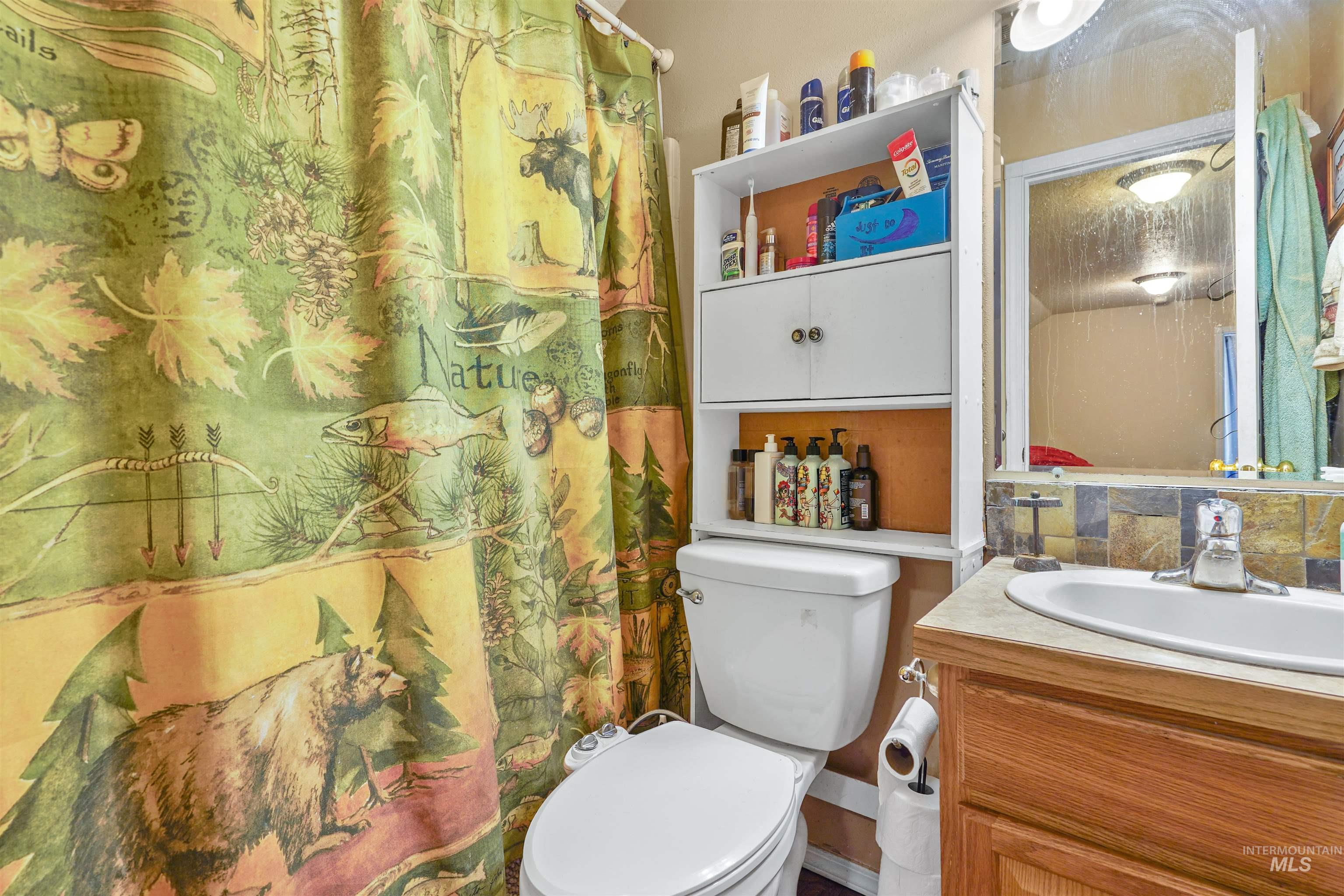 Full bath featuring vanity, a shower with curtain, and tasteful backsplash