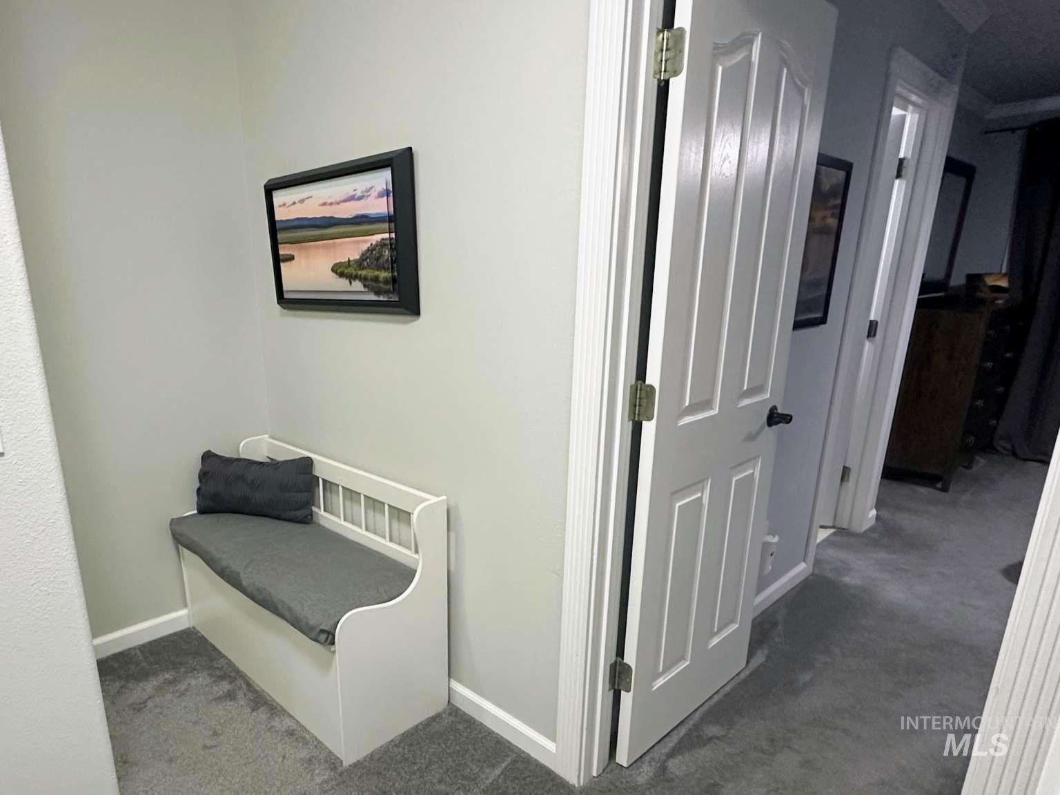 Hall featuring carpet flooring