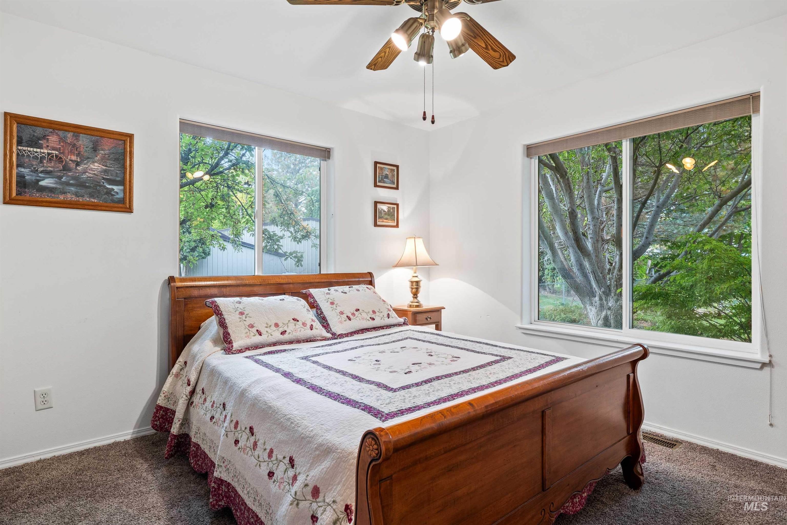 Carpeted bedroom featuring multiple windows and a ceiling fan