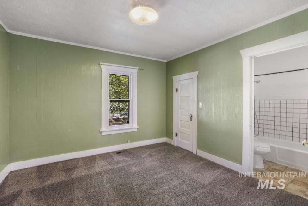 Unfurnished bedroom featuring crown molding and carpet floors