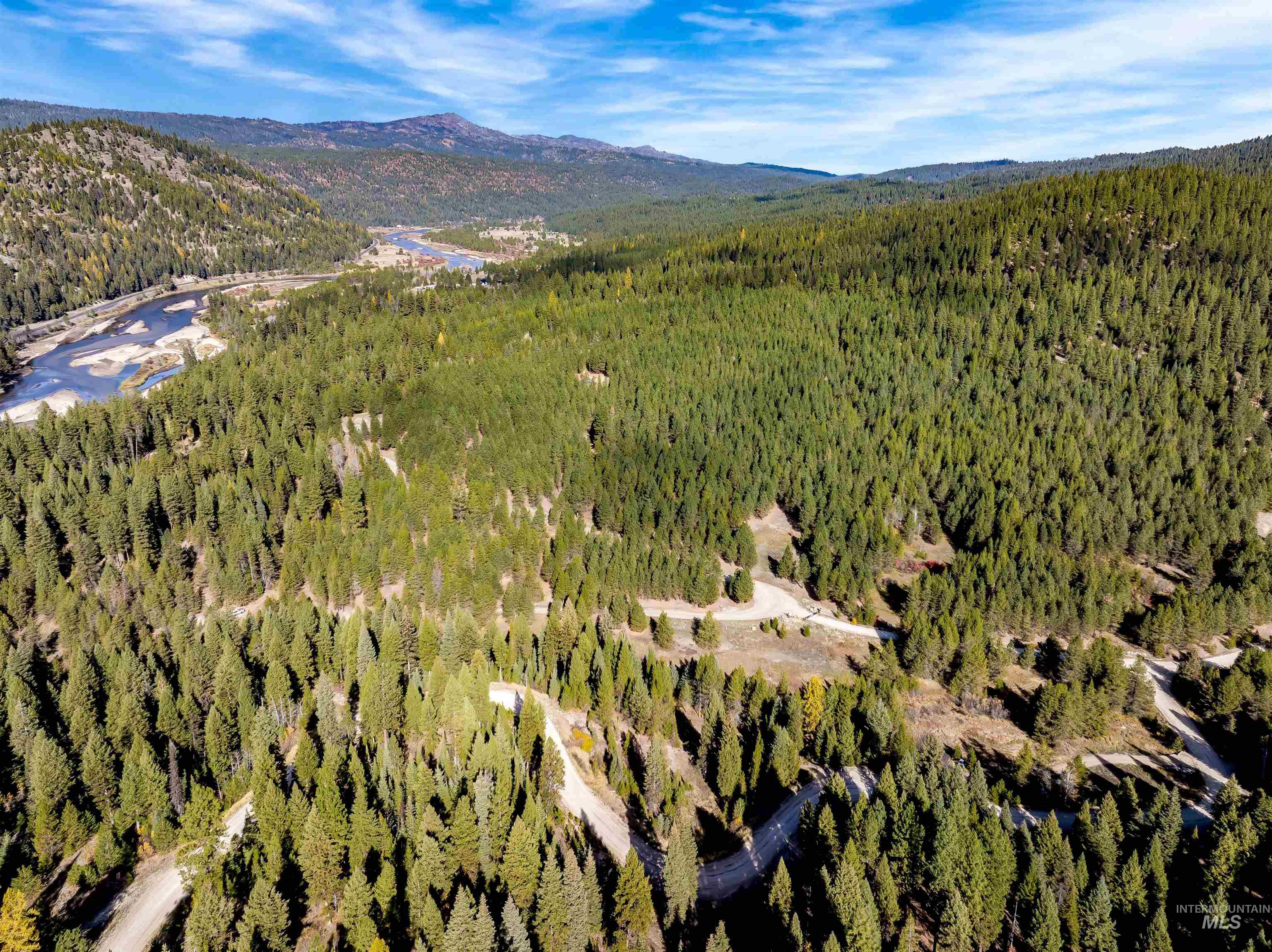 Aerial overview of property's location featuring a heavily wooded area and a mountain backdrop
