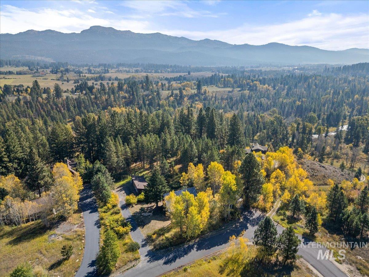 Aerial view of property and surrounding area with a mountainous background