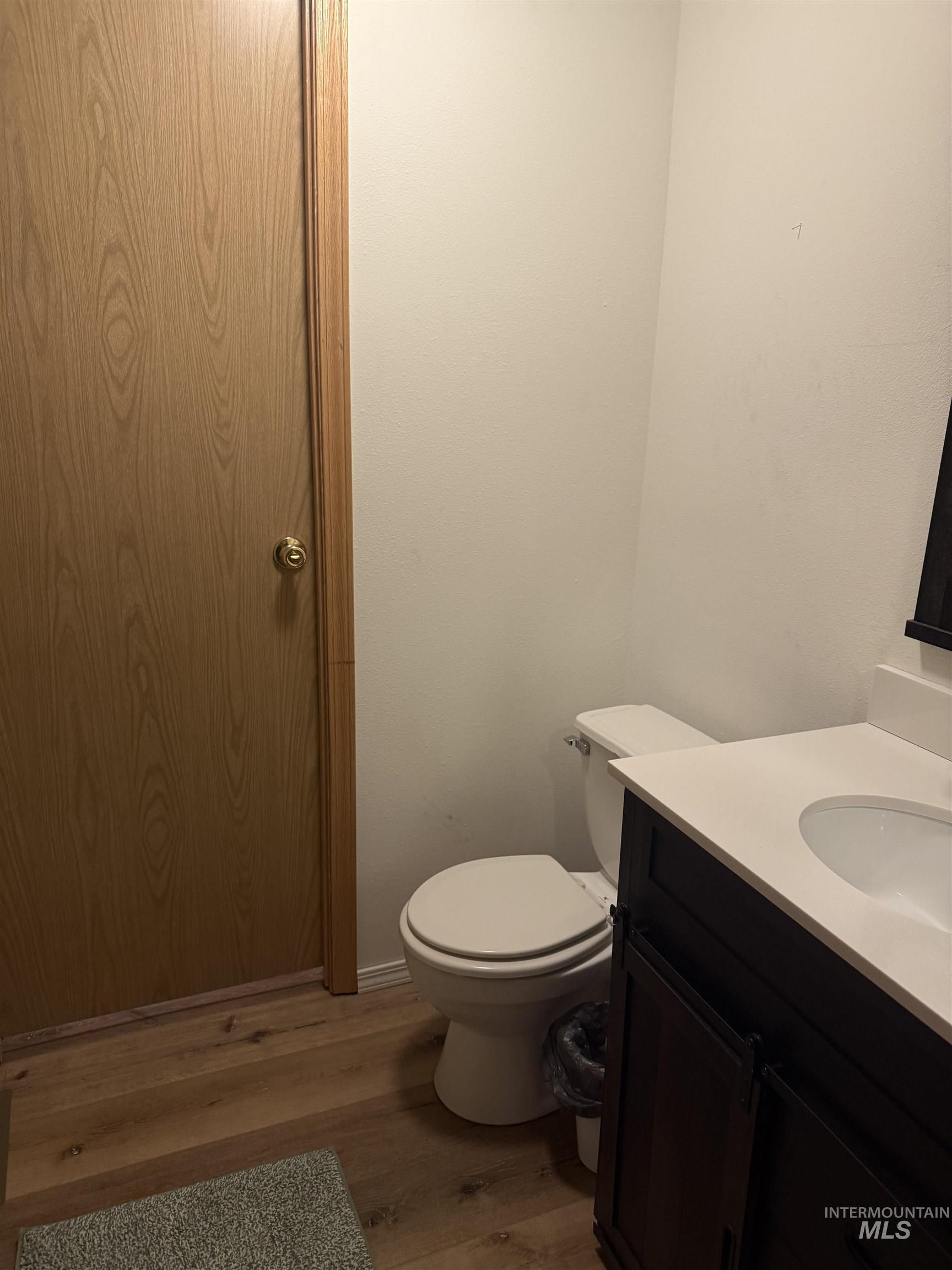 Half bathroom featuring vanity and dark wood-type flooring