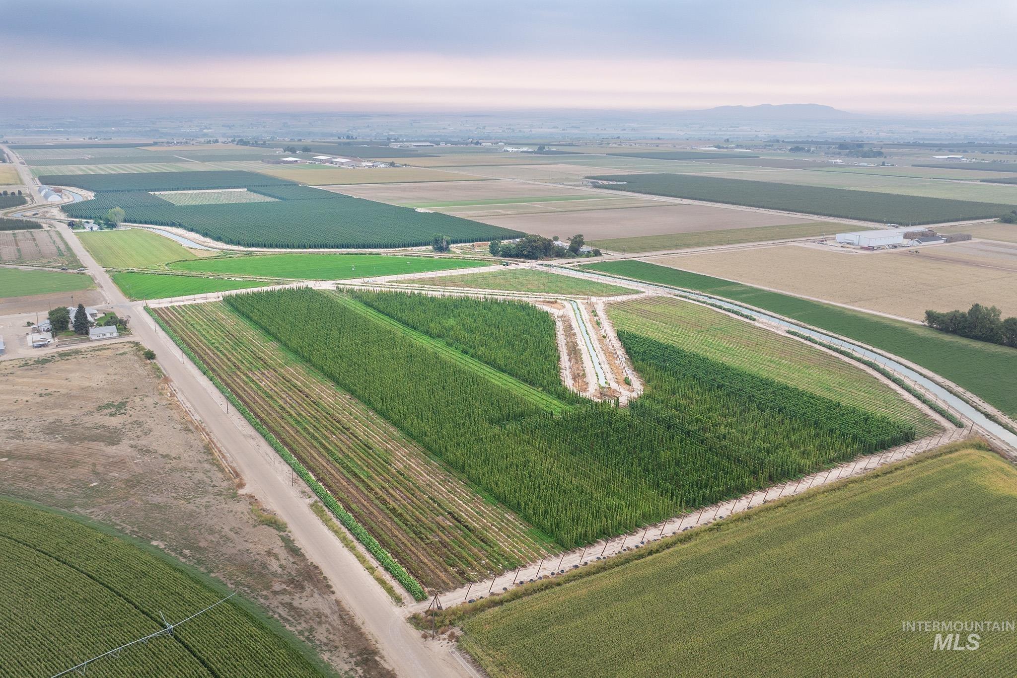 Overview of rural landscape with large plots for crops