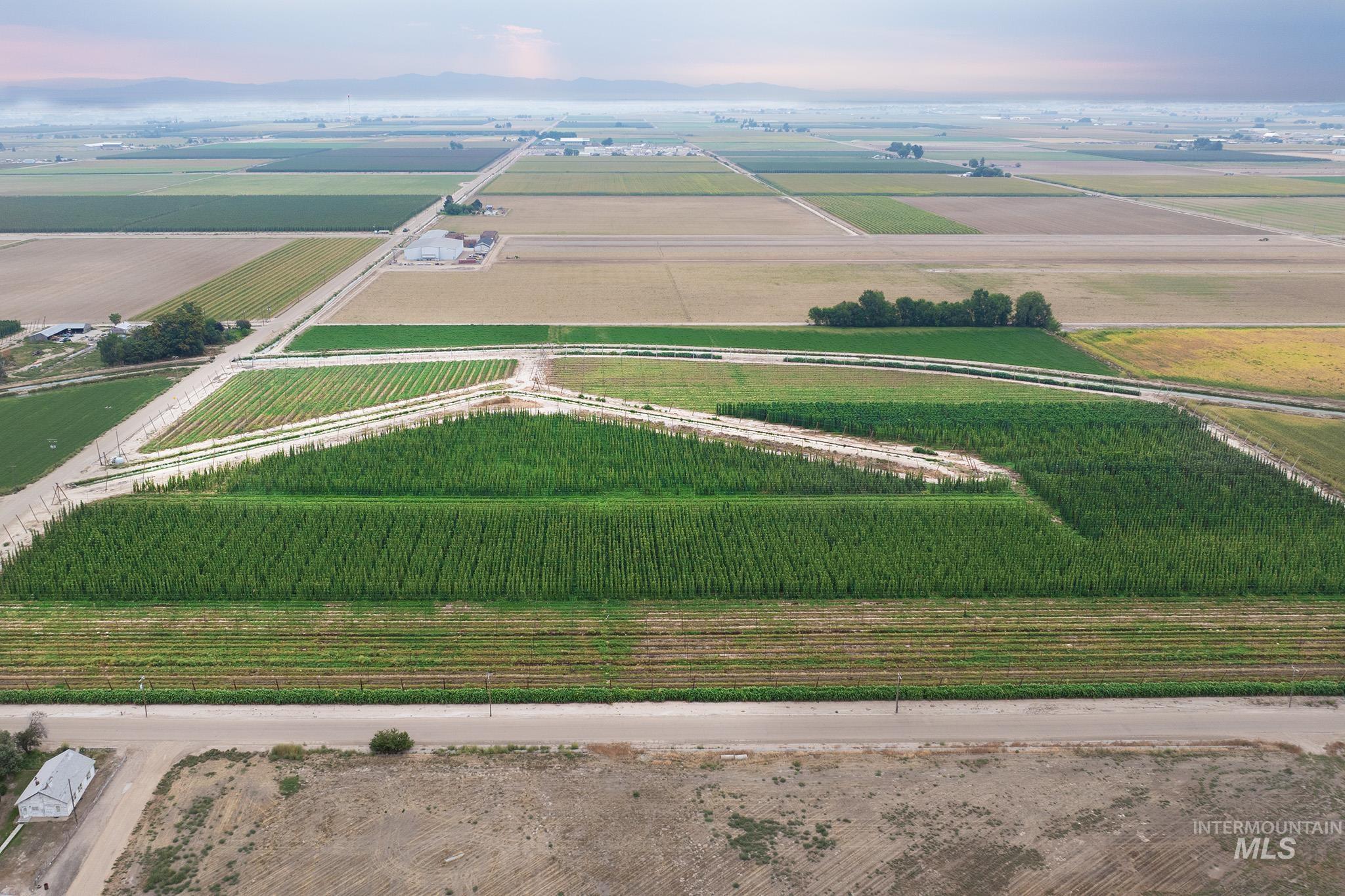 Aerial view of sparsely populated area with farmland